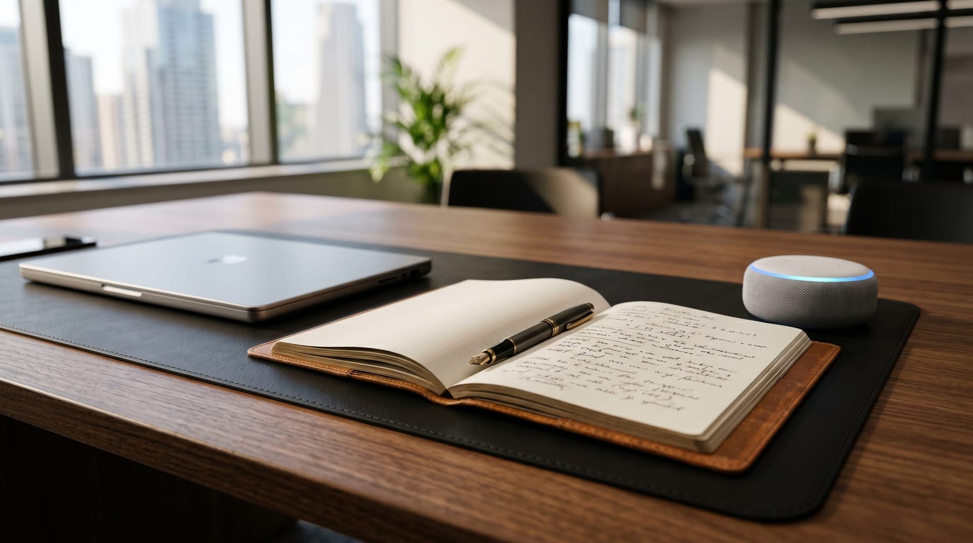 Close-up of a clean modern workspace with an open notebook, a closed laptop, and a glowing soft blue ambient light, representing AI governance, audit logging, and approval gates for Salesforce agent operators.