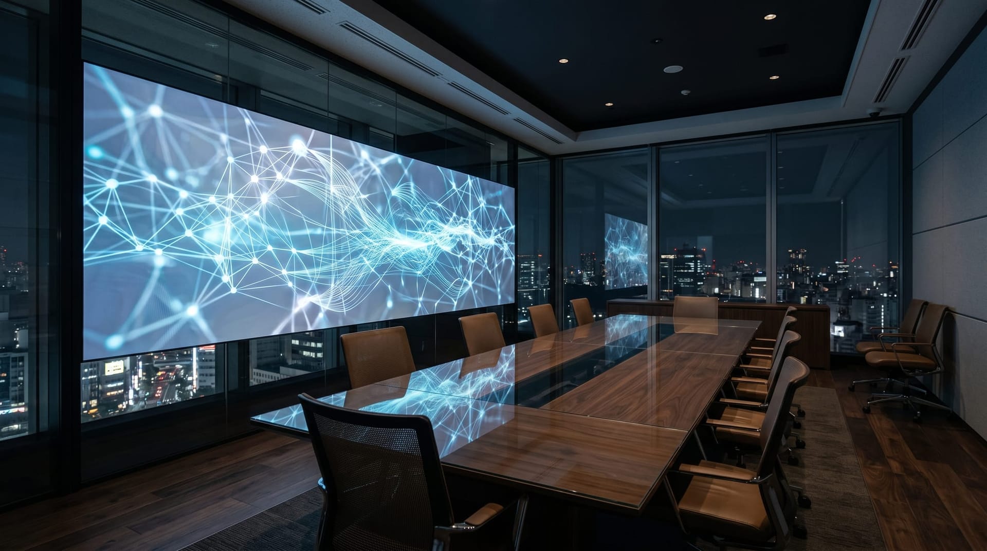 Empty modern conference room at night with a large interactive screen displaying abstract platform layer visualizations, evoking the shift of enterprise software from human-operated dashboards to AI agent infrastructure.