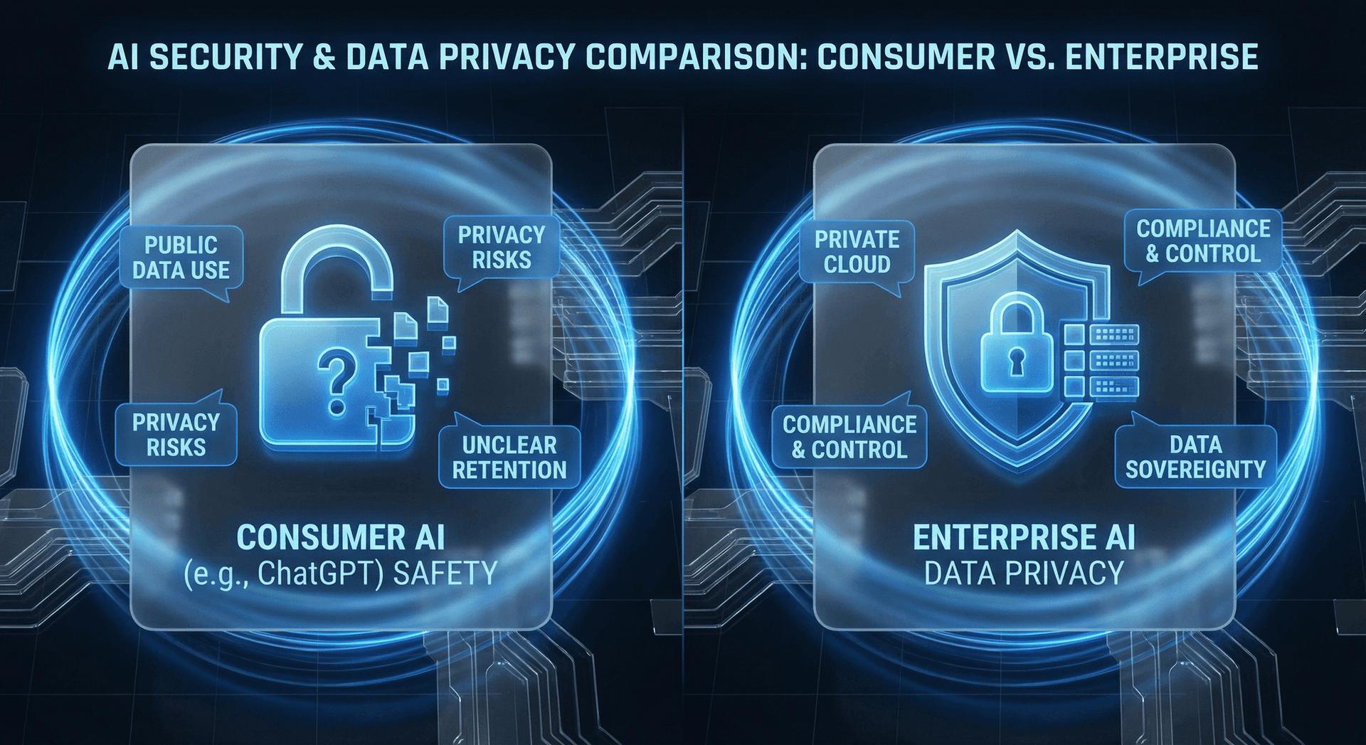 Security comparison between ChatGPT consumer AI and enterprise AI Employee showing different data handling paths and risk profiles