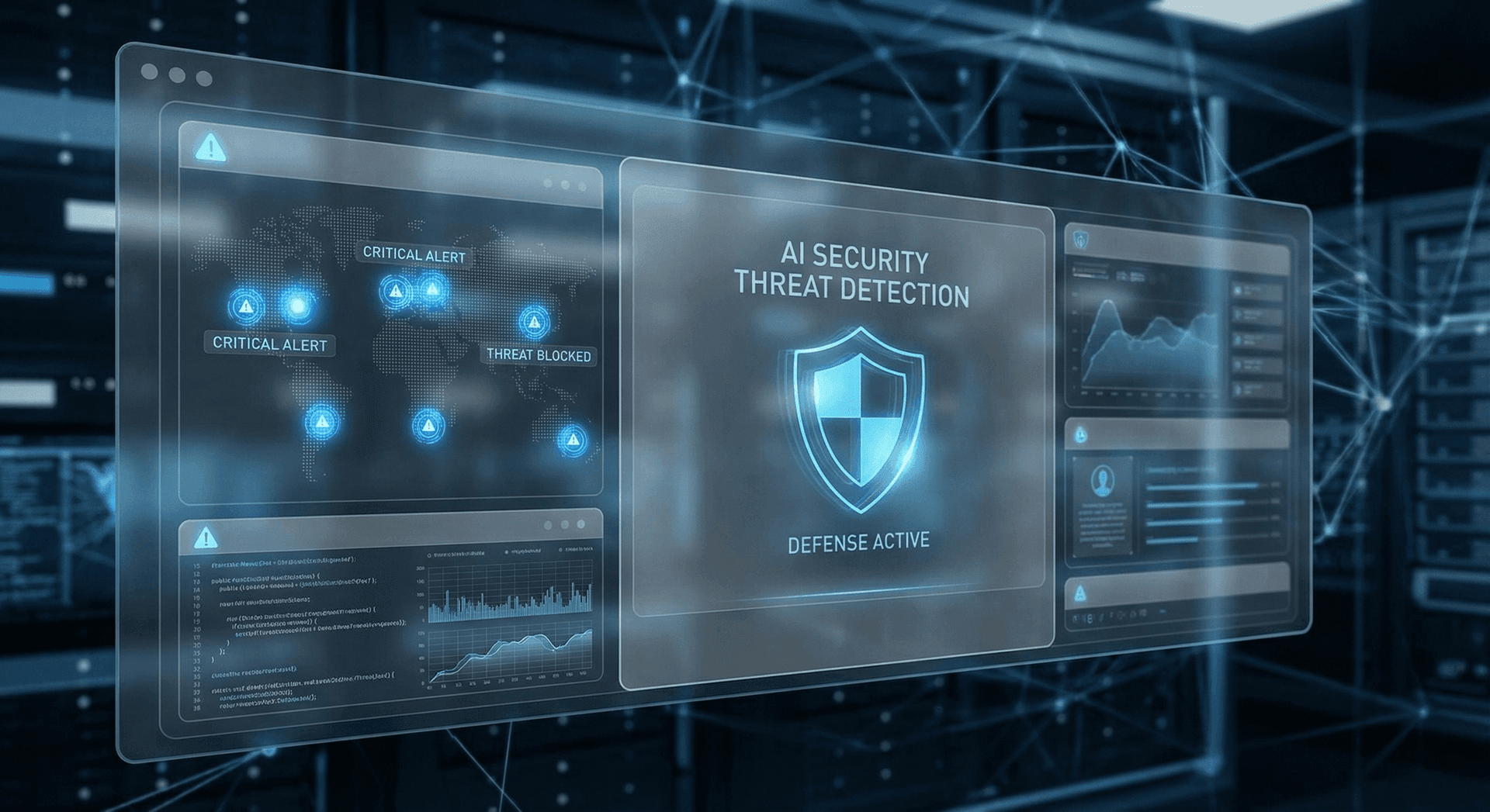 Enterprise AI threat monitoring dashboard displaying security audit results, access logs, and real-time data loss prevention alerts