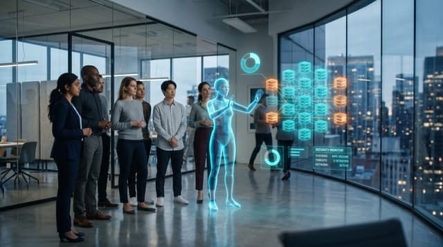 Business team in a glass-walled office watching a holographic AI avatar guard a network of exposed server nodes under a cyan security-monitor overlay