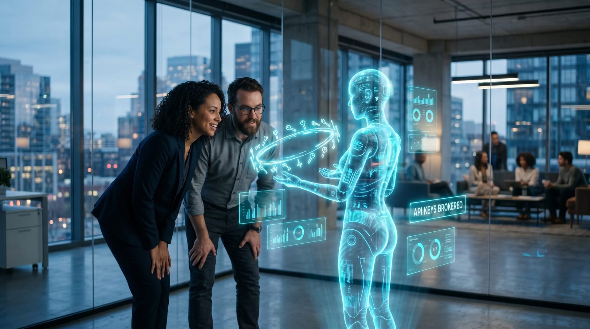 Translucent blue holographic AI figure holding a glowing ring of credential keys above a floating gateway panel in a glass office