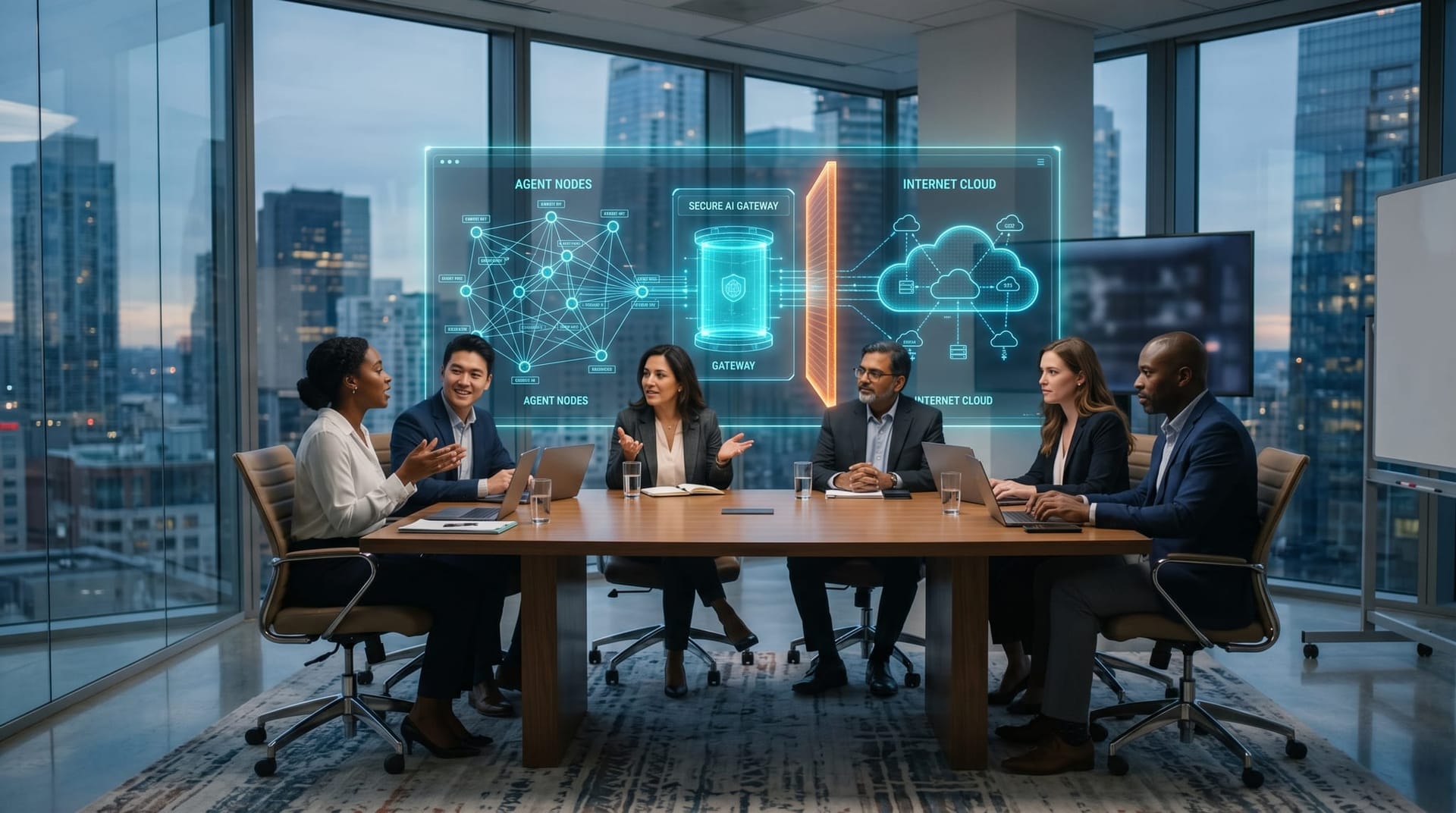 Conference-table team reviewing a holographic secure-AI-gateway architecture diagram separating agents from the public internet