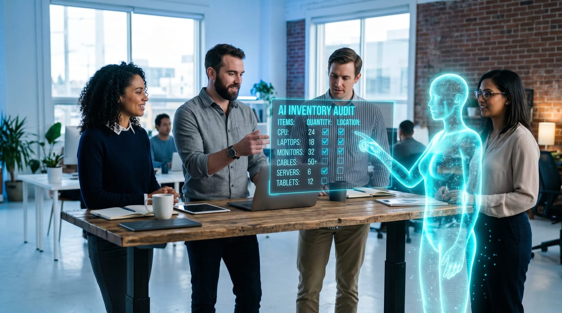 Small Northeast Indiana business team in a bright office reviewing an AI security inventory checklist on a floating cyan panel