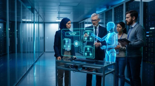 A translucent cyan holographic AI Employee figure overlays a Kubernetes cluster topology and isolated agent sandboxes for a diverse mid-market IT team in a glass-walled server room corridor.