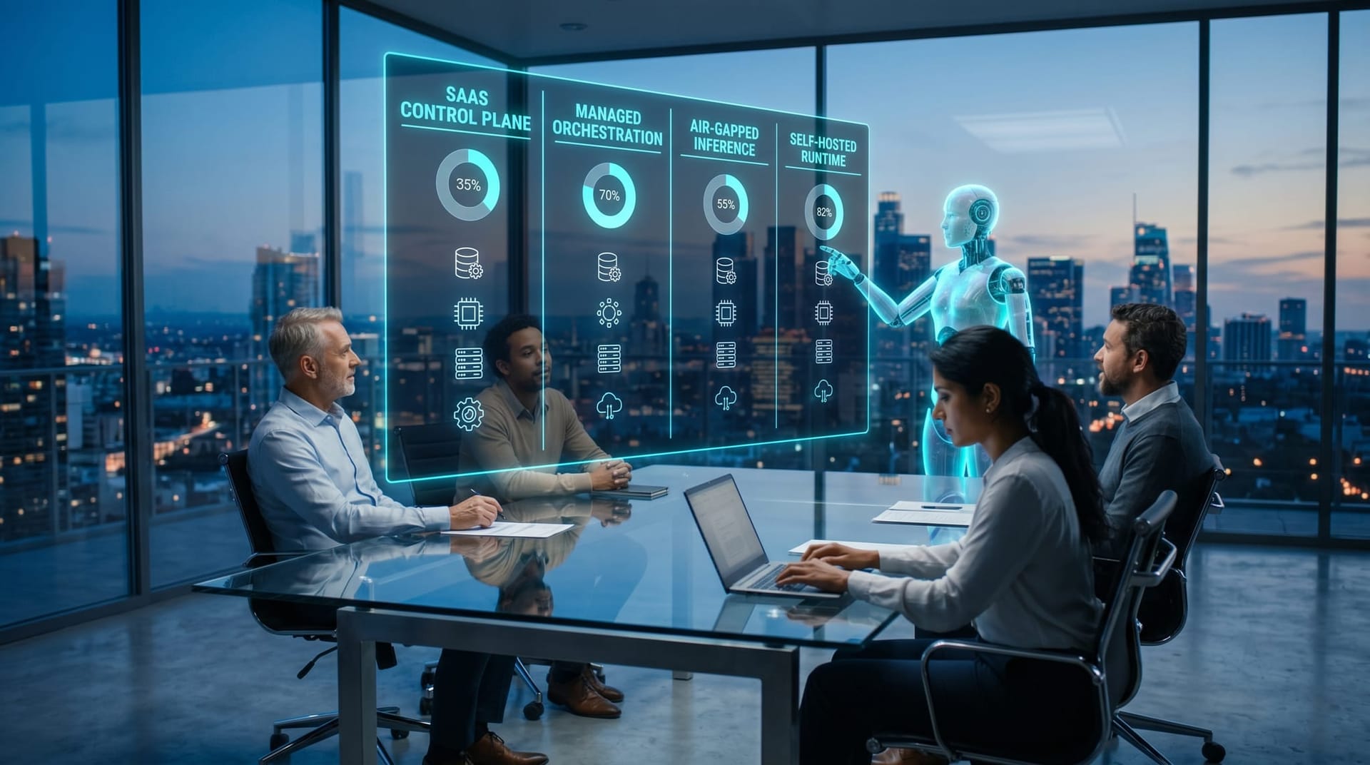 A diverse IT team reviews a four-option control-plane decision diagram floating above a conference table beside a cyan holographic AI Employee figure.