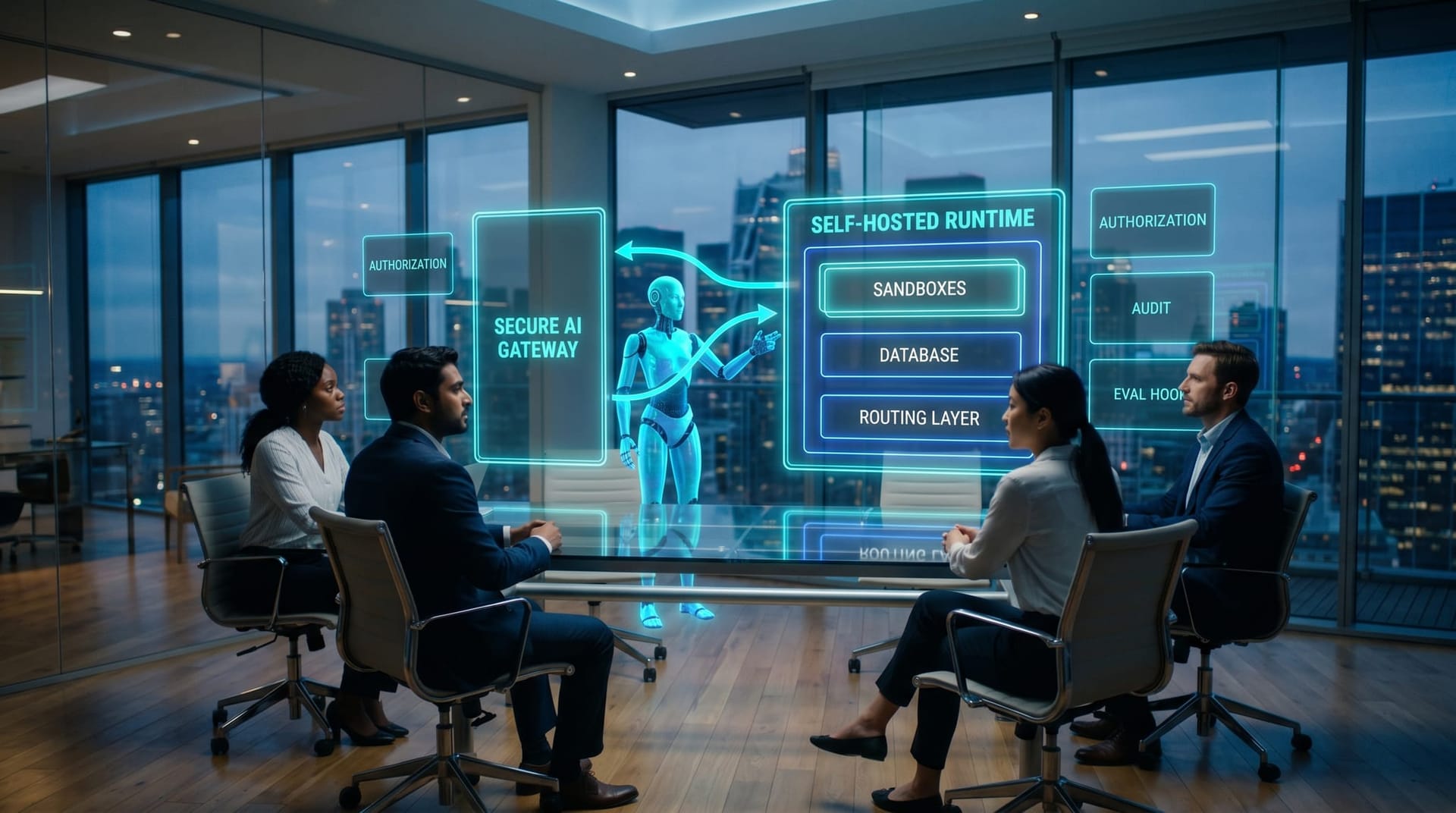 A translucent cyan AI Employee figure presents a Gateway-in-front-of-runtime architecture hologram to a regulated-industry IT leadership team in a glass-walled boardroom.