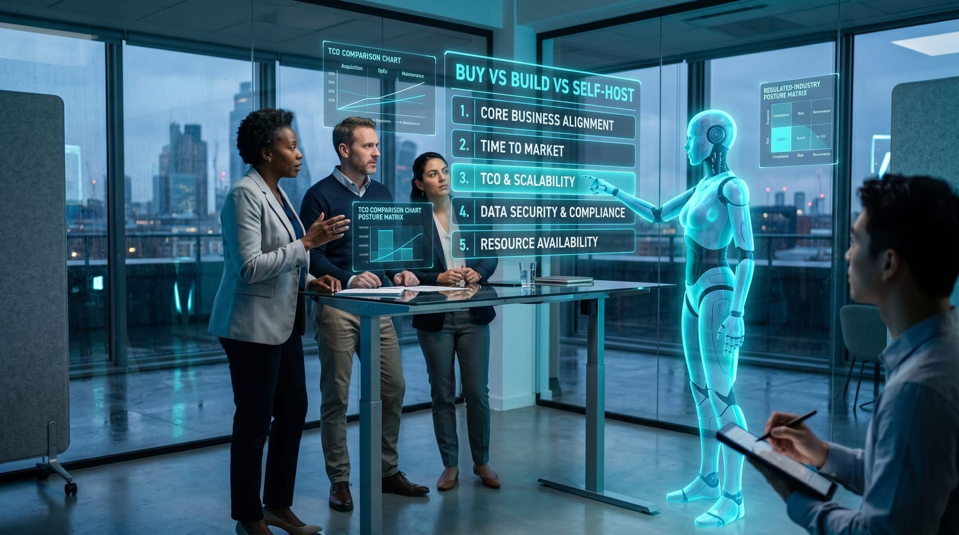 An IT director and procurement leadership work through a five-question buy-versus-build-versus-self-host checklist on a glowing cyan hologram beside an AI Employee figure.