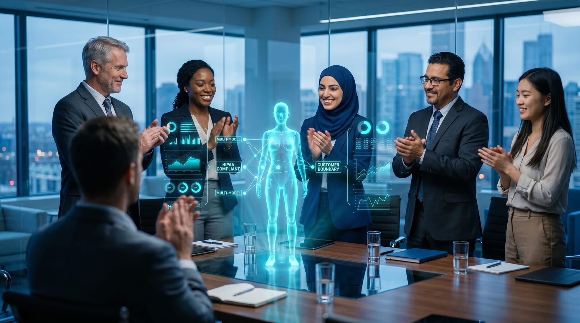 A diverse Northeast Indiana healthcare and insurance leadership team applauds a hologram demo of a self-hosted AI Employee architecture in a glass-walled boardroom.