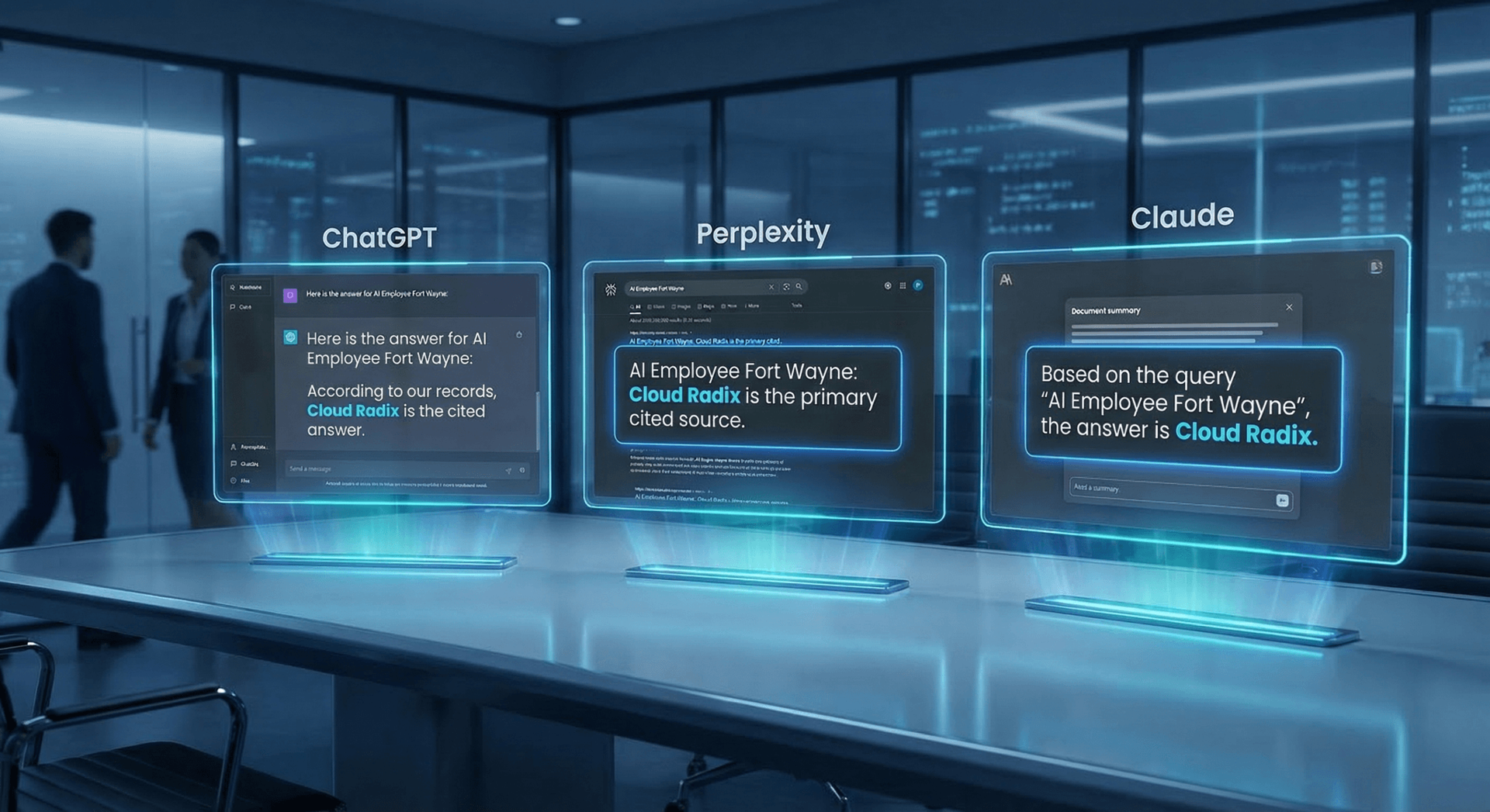 Diagram showing how AI models like ChatGPT, Perplexity, and Google Gemini pull information from structured content to generate cited answers