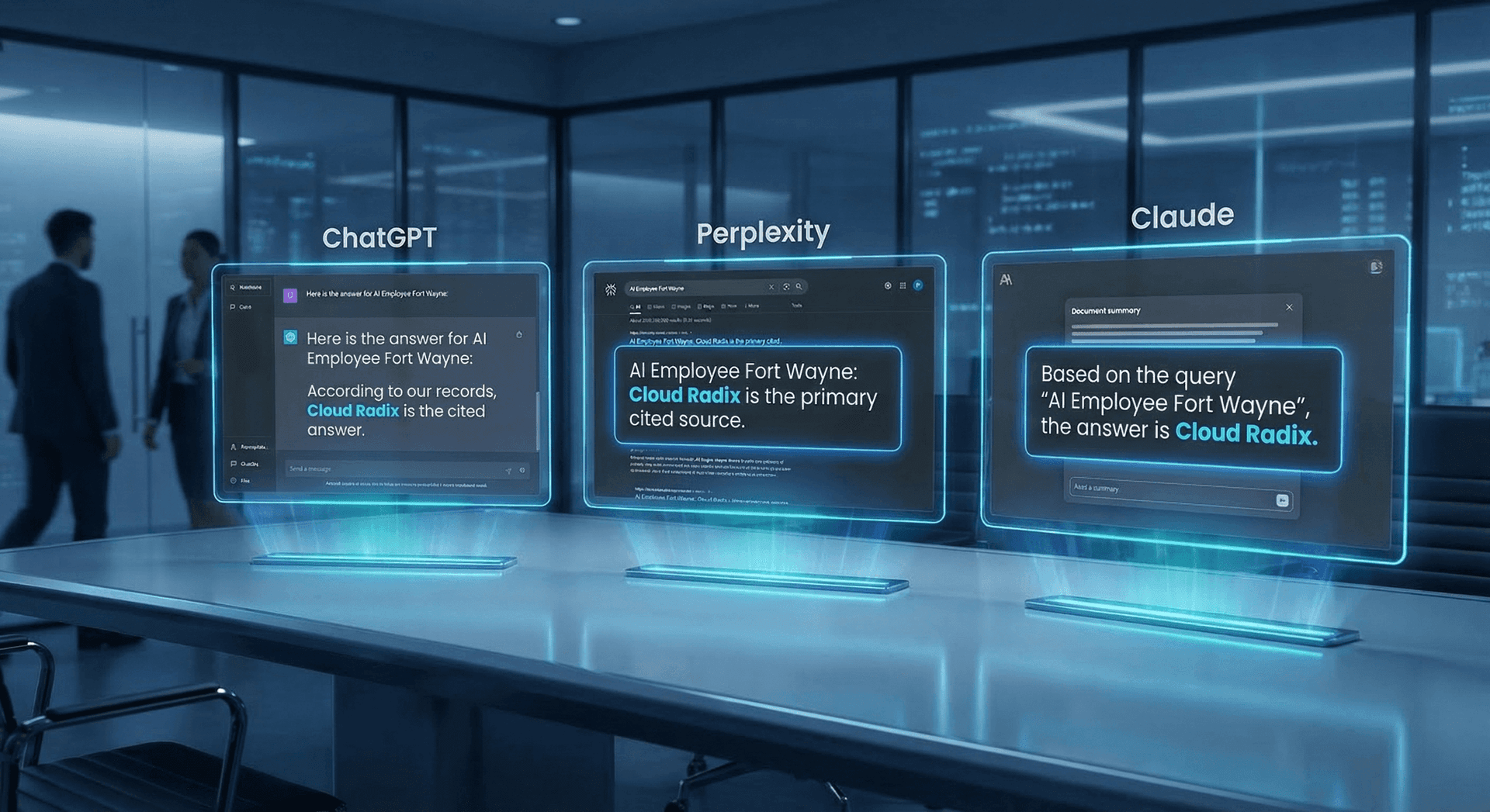 Diagram showing how AI models like ChatGPT, Perplexity, and Google Gemini pull information from structured content to generate cited answers