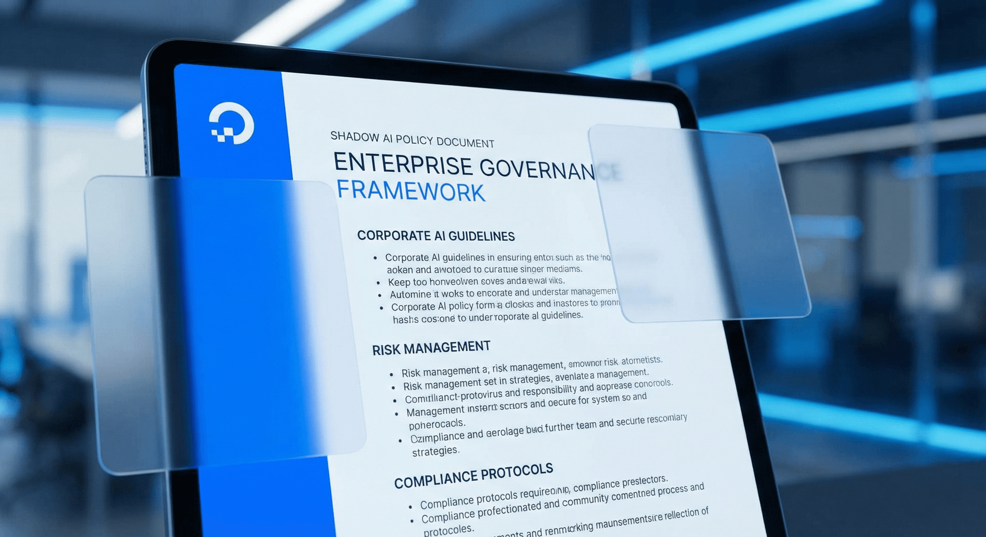 Corporate AI governance policy framework outlining approved tools, data handling rules, and compliance requirements to prevent Shadow AI