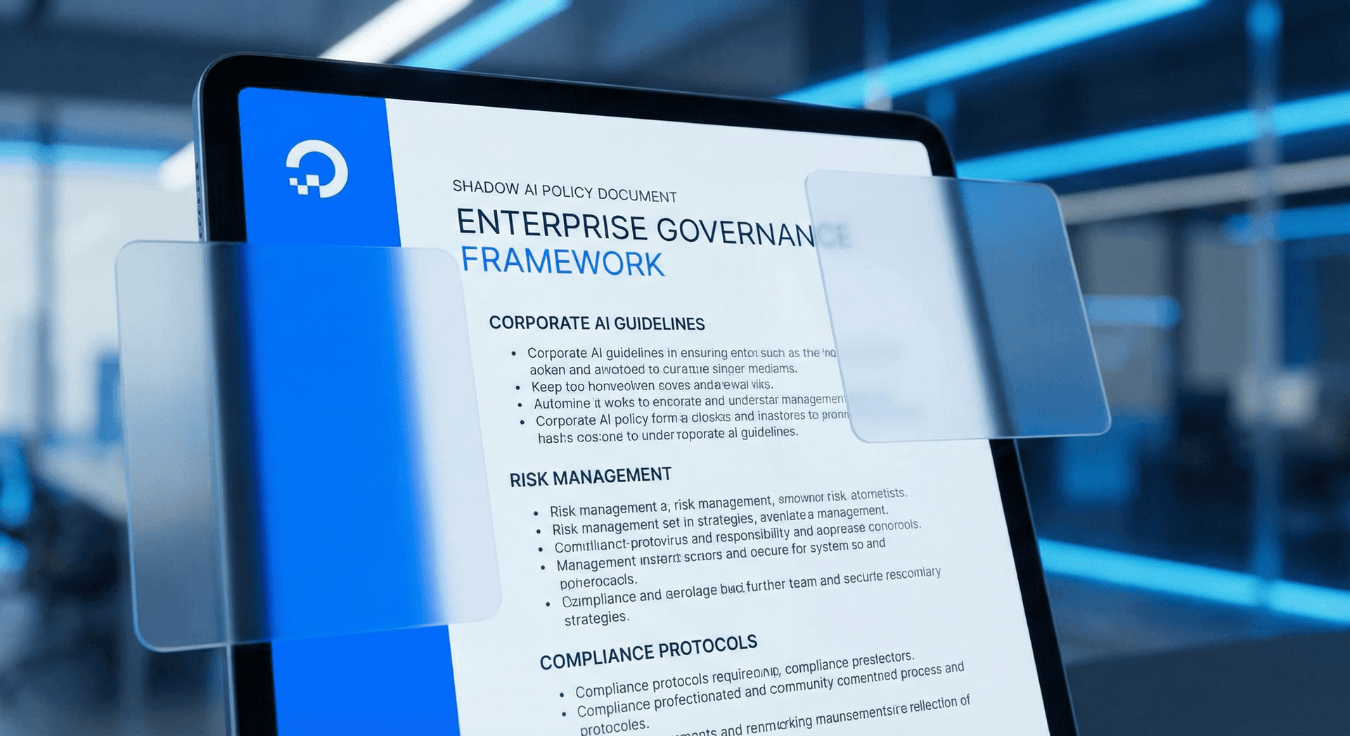 Corporate AI governance policy framework outlining approved tools, data handling rules, and compliance requirements to prevent Shadow AI