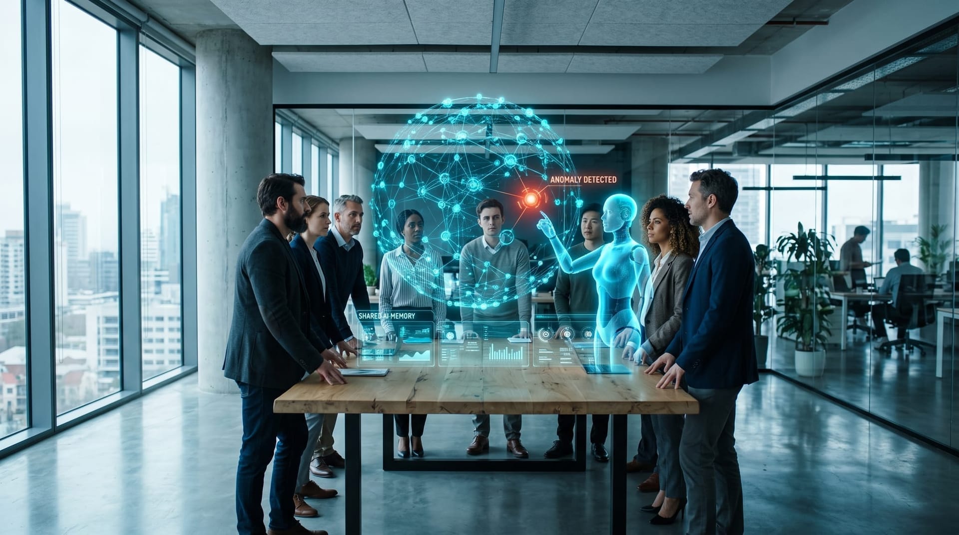 A diverse business team gathered around a glowing shared holographic AI memory pool while a translucent cyan AI avatar flags one corrupted memory node