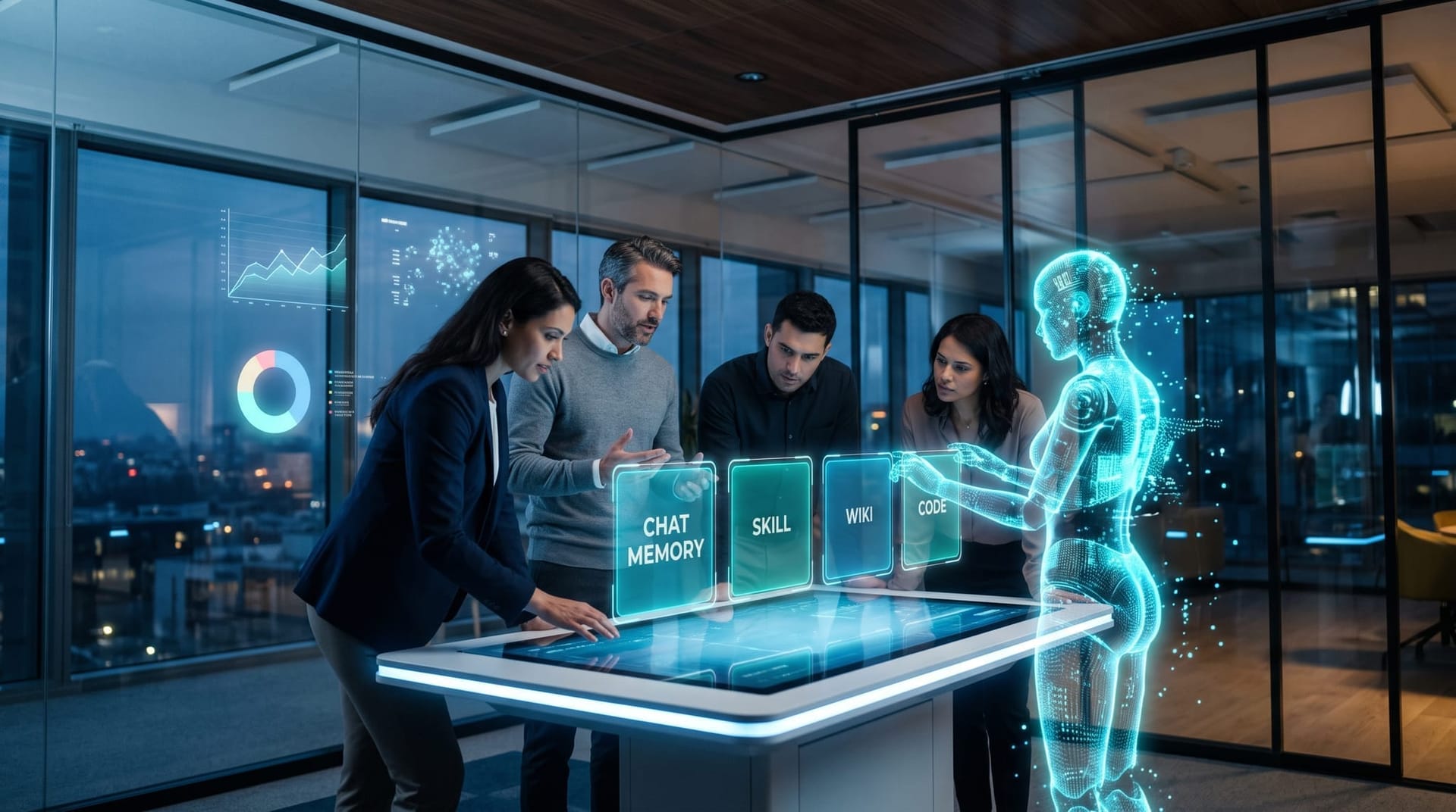 Colleagues review four glowing holographic memory-asset panels labeled chat, skill, wiki and code while a cyan AI avatar equips an agent's loadout