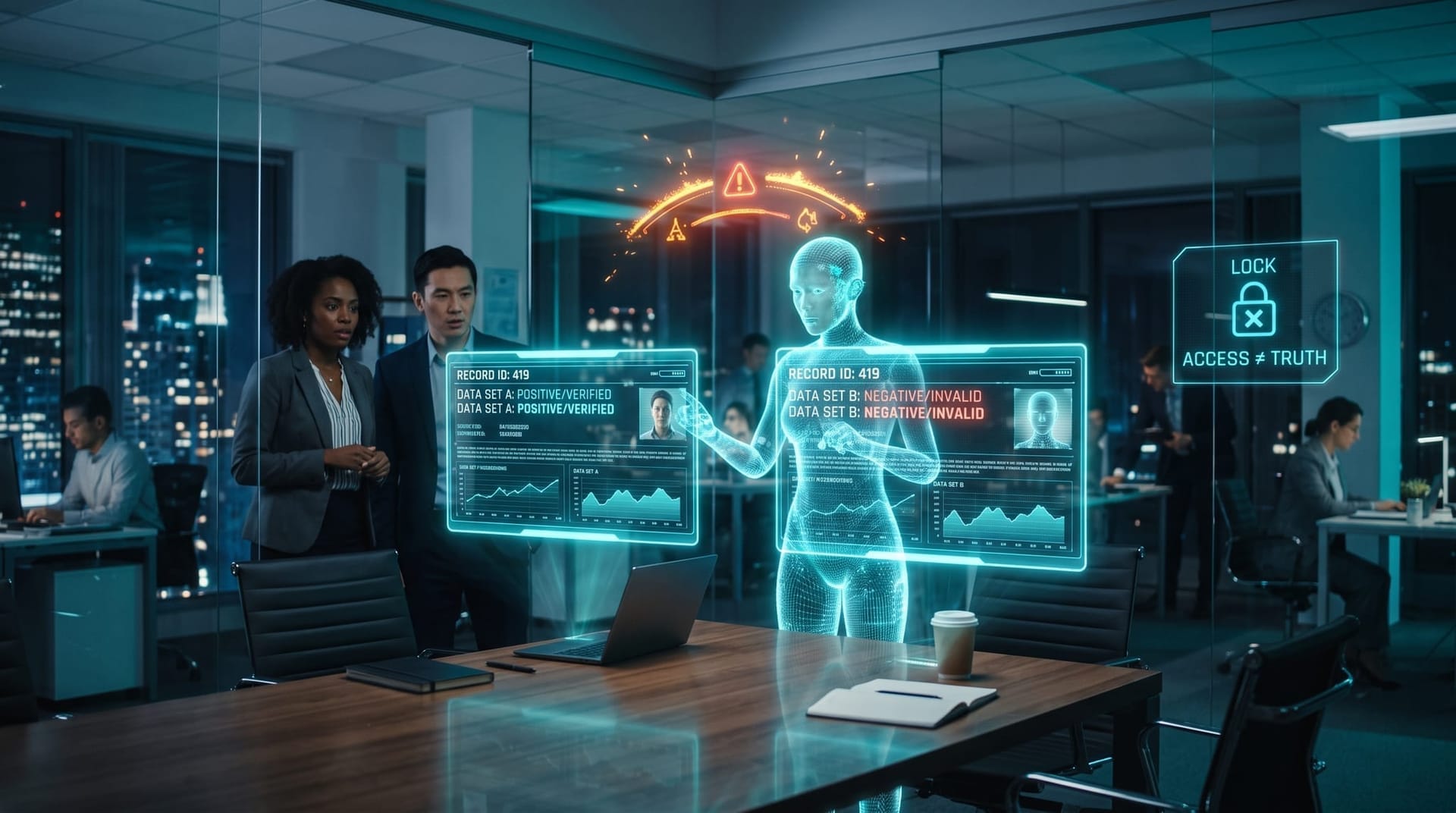Two holographic memory records glow in conflict above a table as a cyan AI avatar highlights that access controls cannot verify which fact is still true