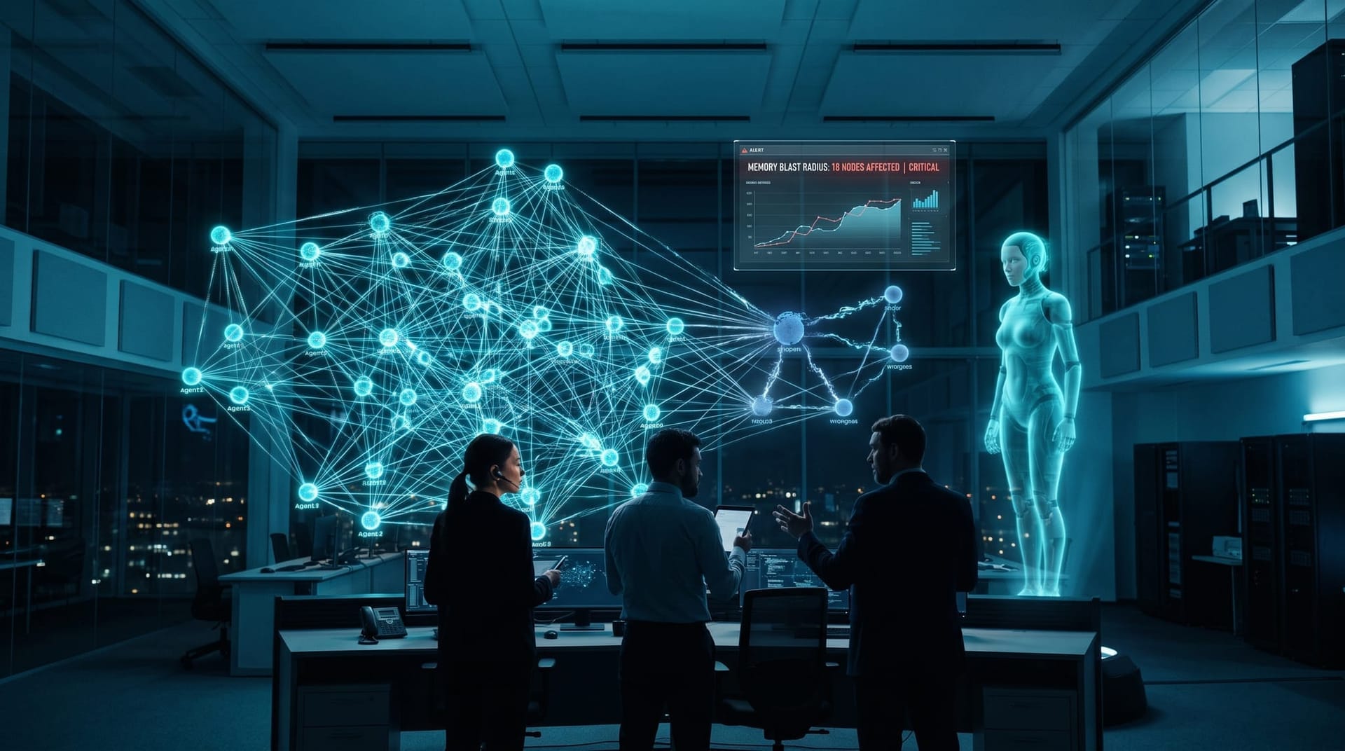 A single dark corrupted memory node spreads its color outward through a web of cyan agent nodes, showing how one wrong shared memory becomes a blast radius