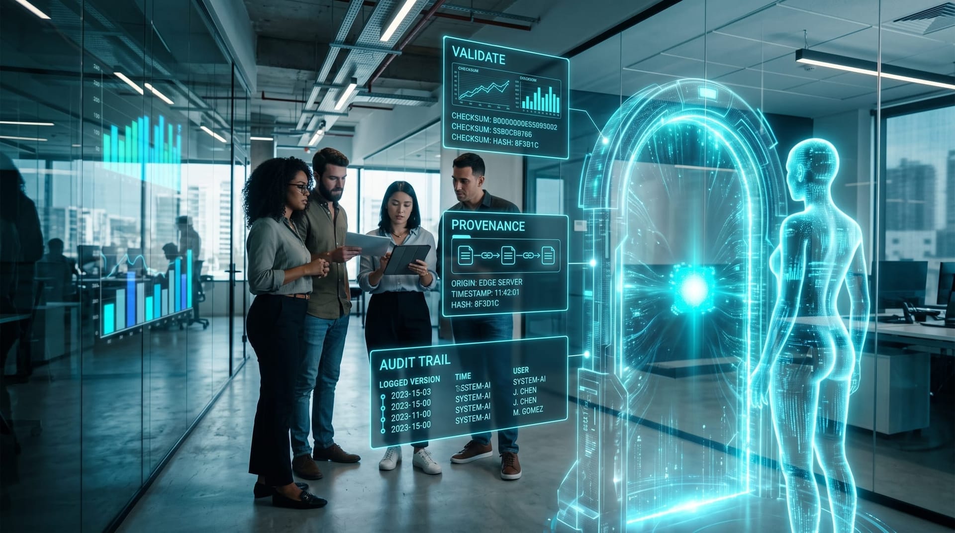 A cyan AI avatar checks a new memory entry at a holographic validation gate showing provenance, versioning and audit-trail panels before it enters the pool