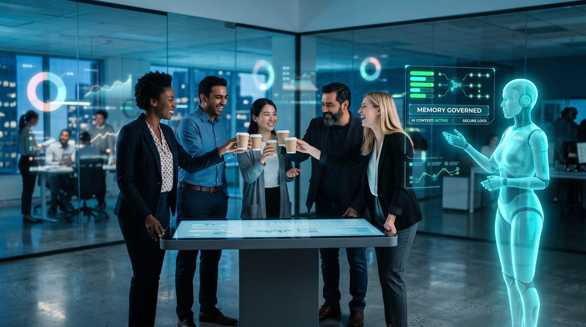 A small Northeast Indiana professional-services team toasts coffee cups beside a cyan AI avatar and a floating governed shared-memory dashboard