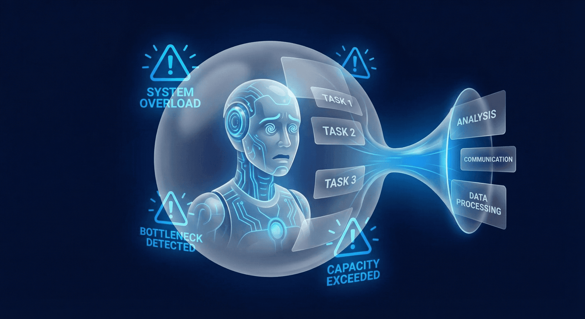 Visualization of single-agent AI system limitations showing bottlenecks from context-switching, attention dilution, and sequential processing constraints
