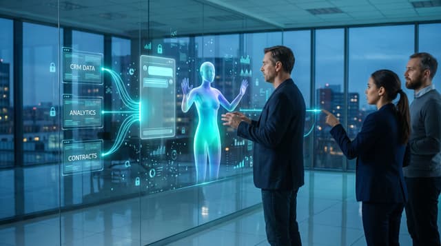 IT leader tracing holographic connection lines from a chat window to CRM, analytics, and contract panels beside a central cyan AI avatar figure