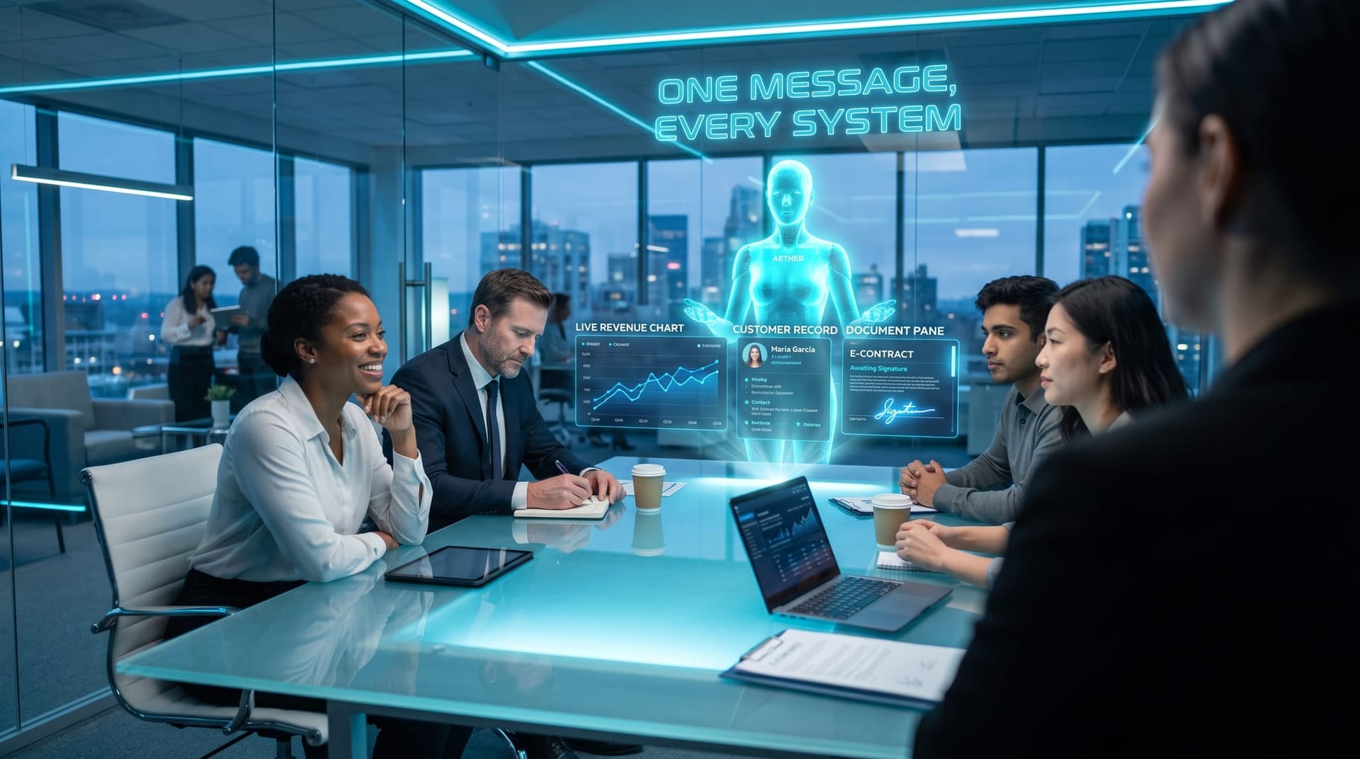 Sales team around a conference table watching a translucent cyan AI assistant surface a live customer chart and record card from a single chat message