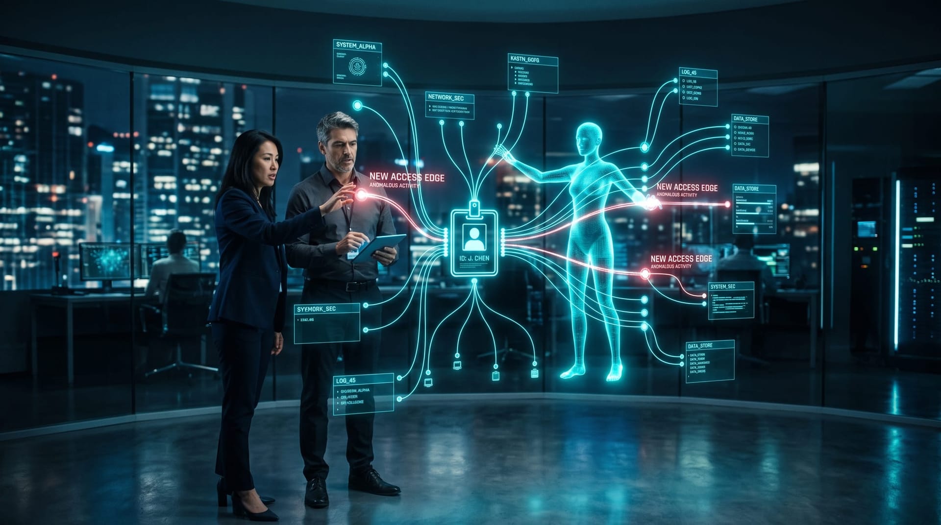 Security-minded professionals examining a holographic web of authorization edges branching from one glowing chat identity toward business systems