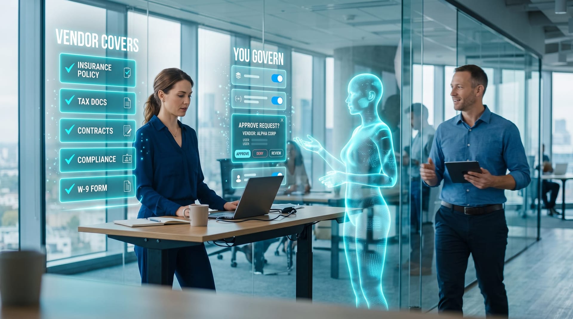 Administrator comparing two floating holographic columns showing vendor-covered permissions versus gaps the business must govern in cyan-lit office