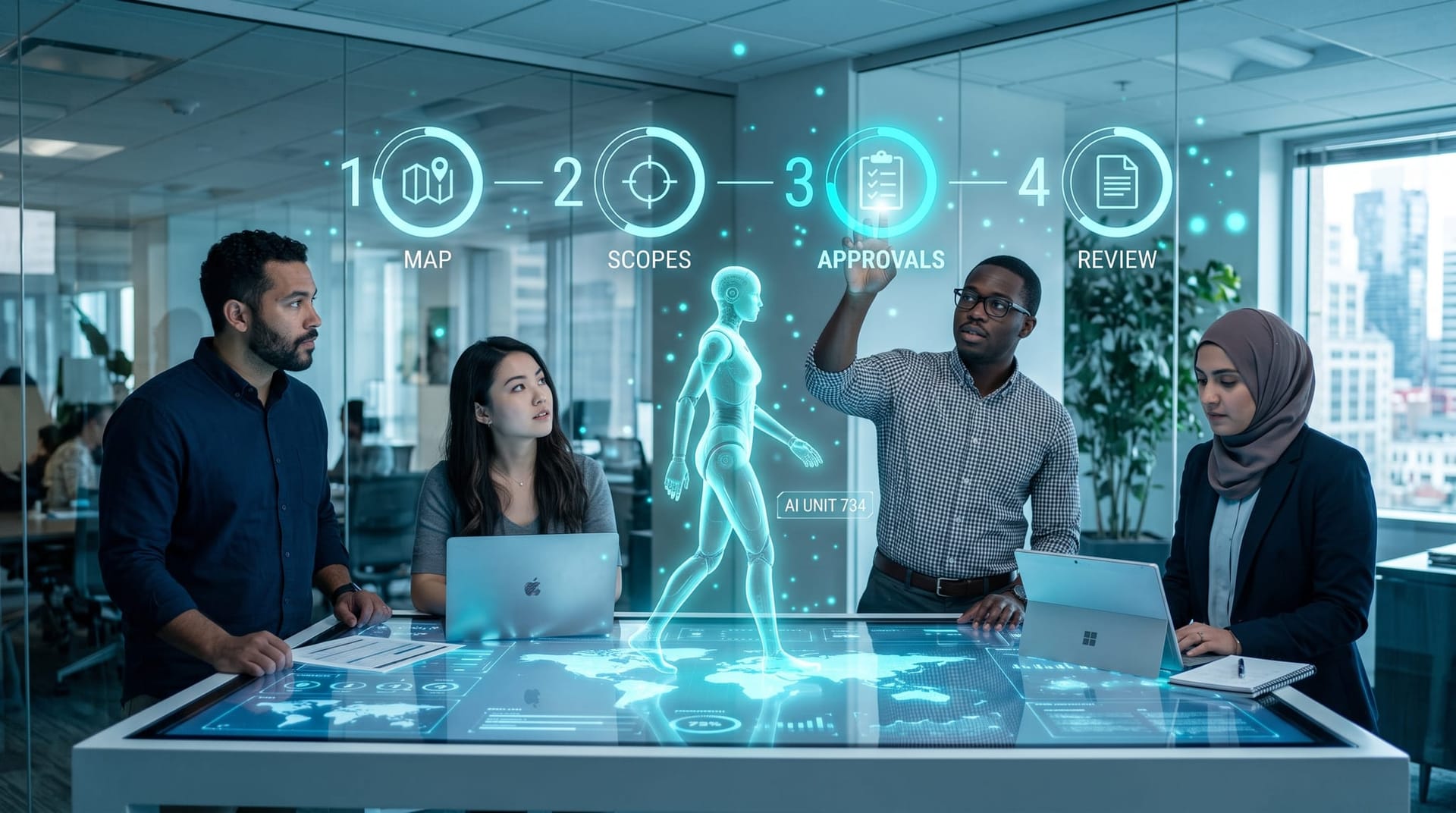 Operations team advancing through a four-step connected-app audit shown as glowing holographic checkpoints labeled map, scopes, approvals, review