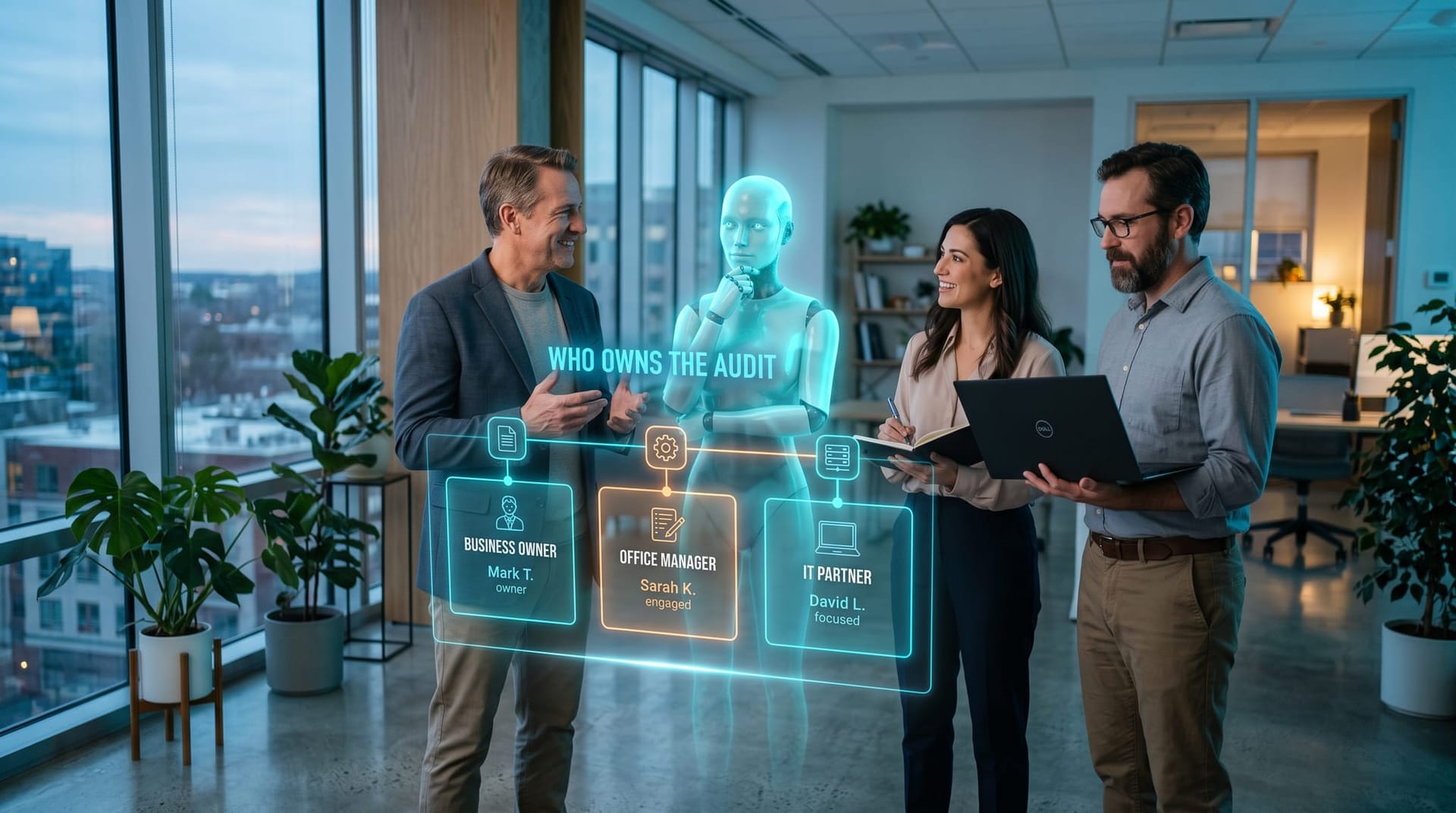 Small business owner, office manager, and IT partner assigning audit ownership on a floating holographic org panel with a cyan AI avatar observing