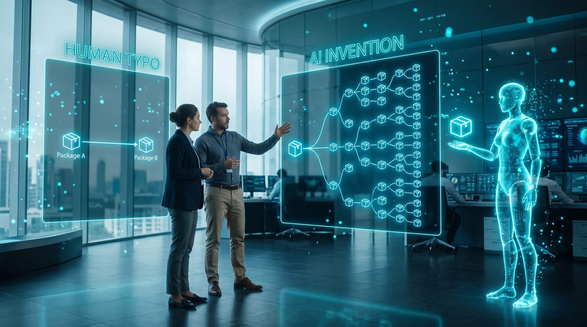 Two engineers comparing holographic panels contrasting a human typo attack path with an AI hallucination attack path in a cool blue operations room