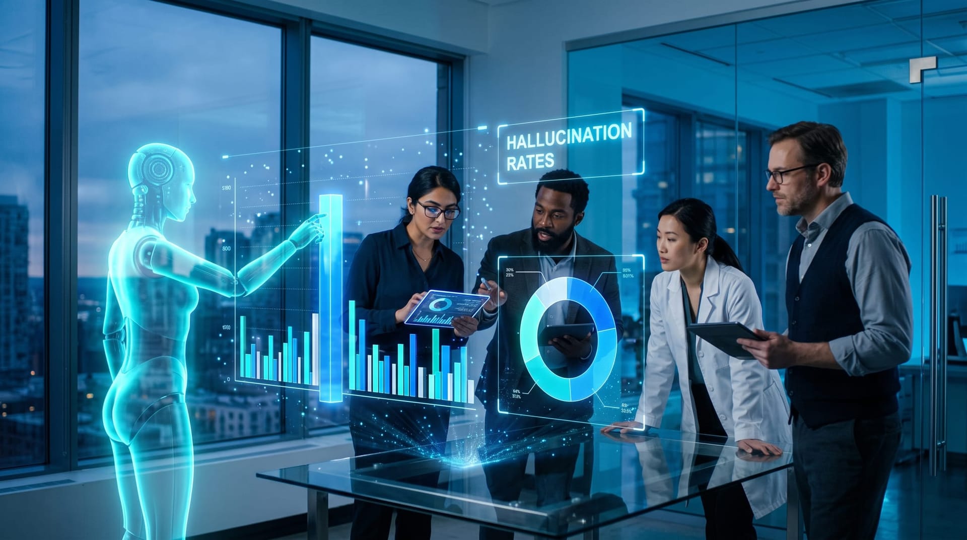 Research team reviewing floating holographic bar charts of package hallucination rates across sixteen AI models in a glass-walled analytics lab