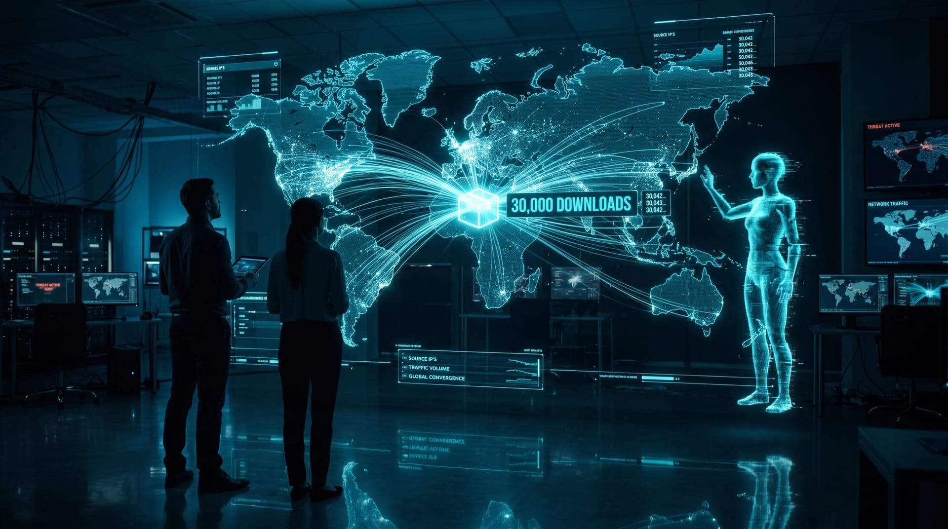Security analysts watching a holographic world map as thousands of glowing download streams flow toward a single counterfeit package node