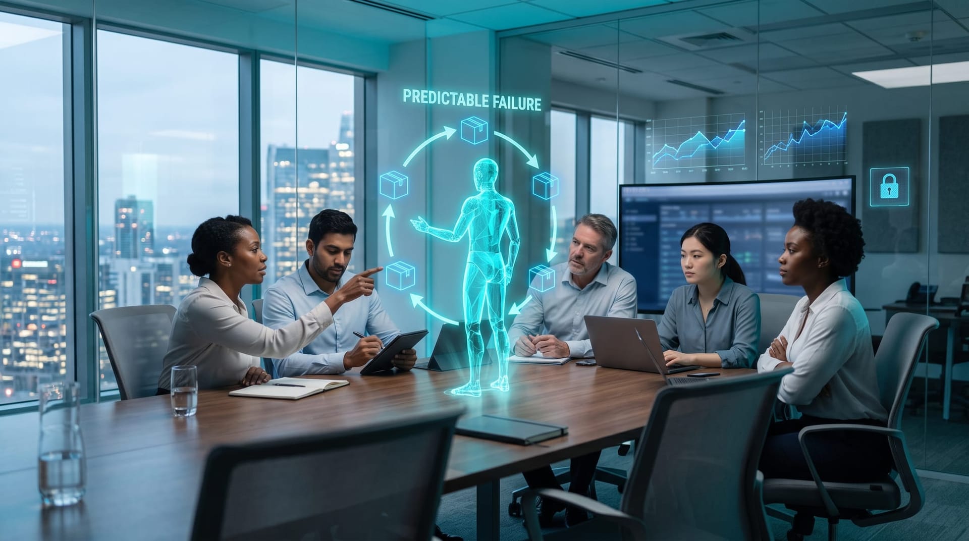 Business team discussing AI failure modes as a cyan holographic avatar repeatedly projects the same phantom package icon into a glowing loop diagram