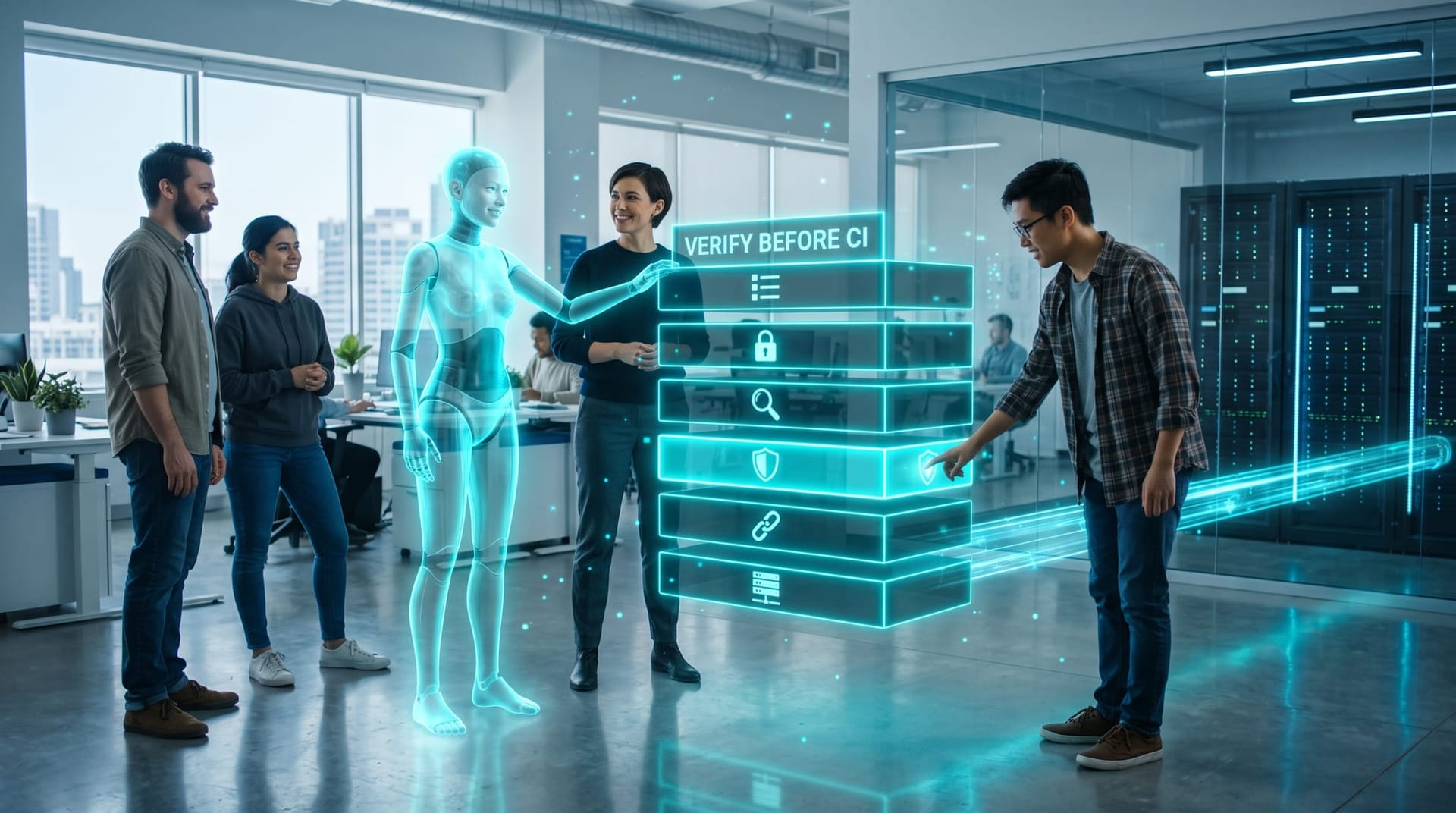 Development team and cyan AI Employee avatar standing at a glowing six-layer holographic defense gate protecting a pipeline into production systems