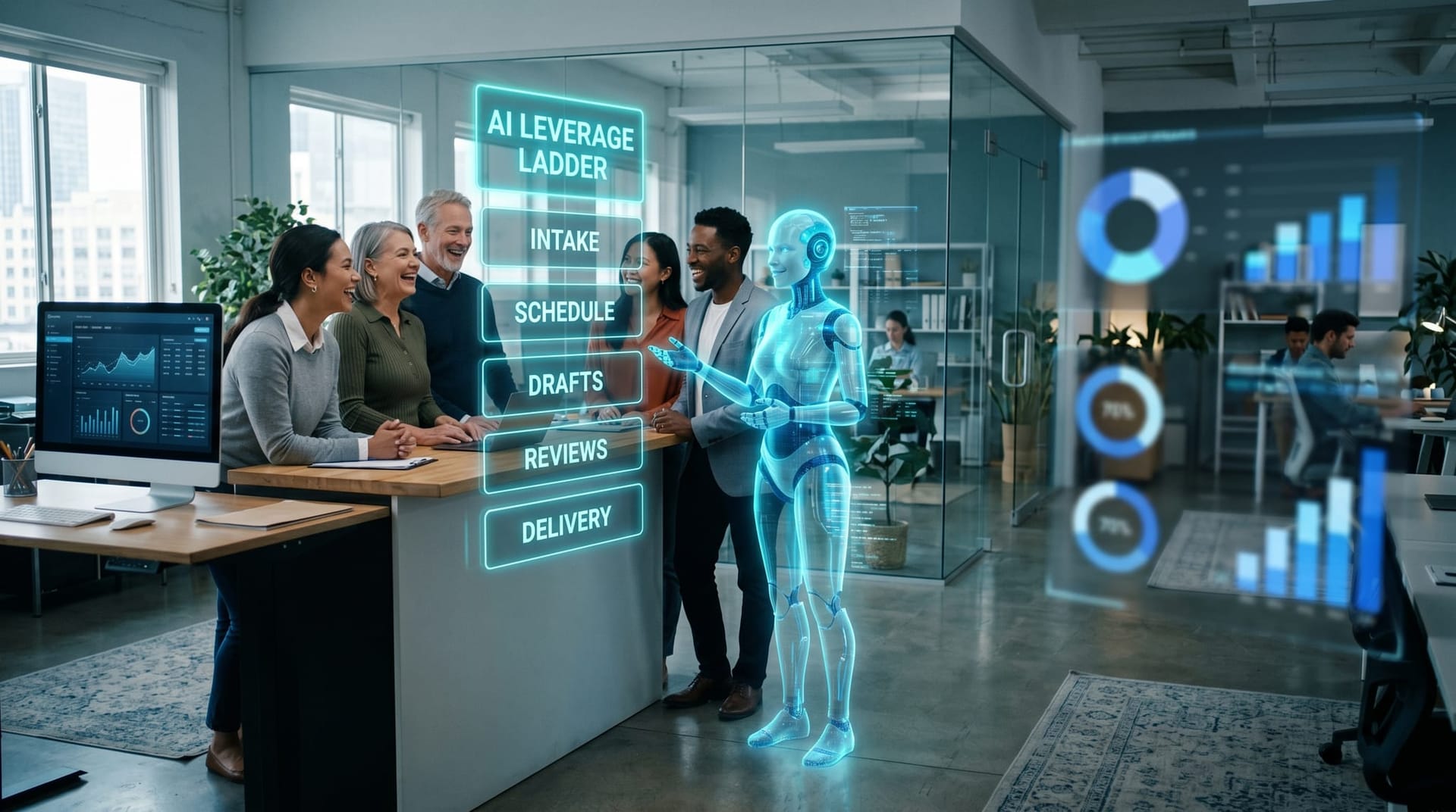 A small business team around a counter watching a translucent cyan AI Employee handle intake and scheduling on floating panels labeled AI LEVERAGE LADDER