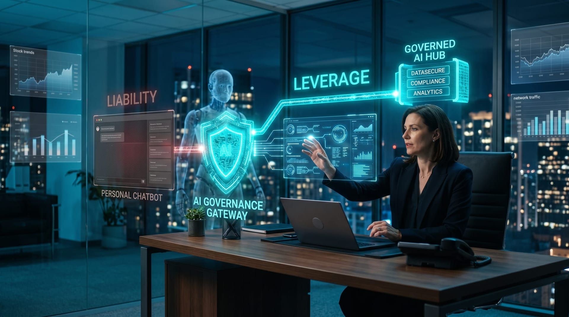 A glowing secure gateway routing an employee's data prompt safely away from a personal chatbot, illustrating AI leverage versus shadow-AI liability for small business