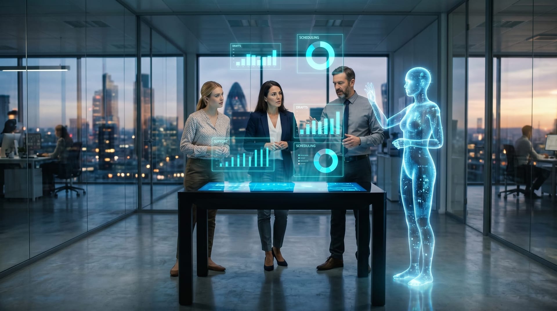 Colleagues reviewing floating cyan charts of small business AI use cases for content drafting, scheduling and customer engagement in a glass-walled office