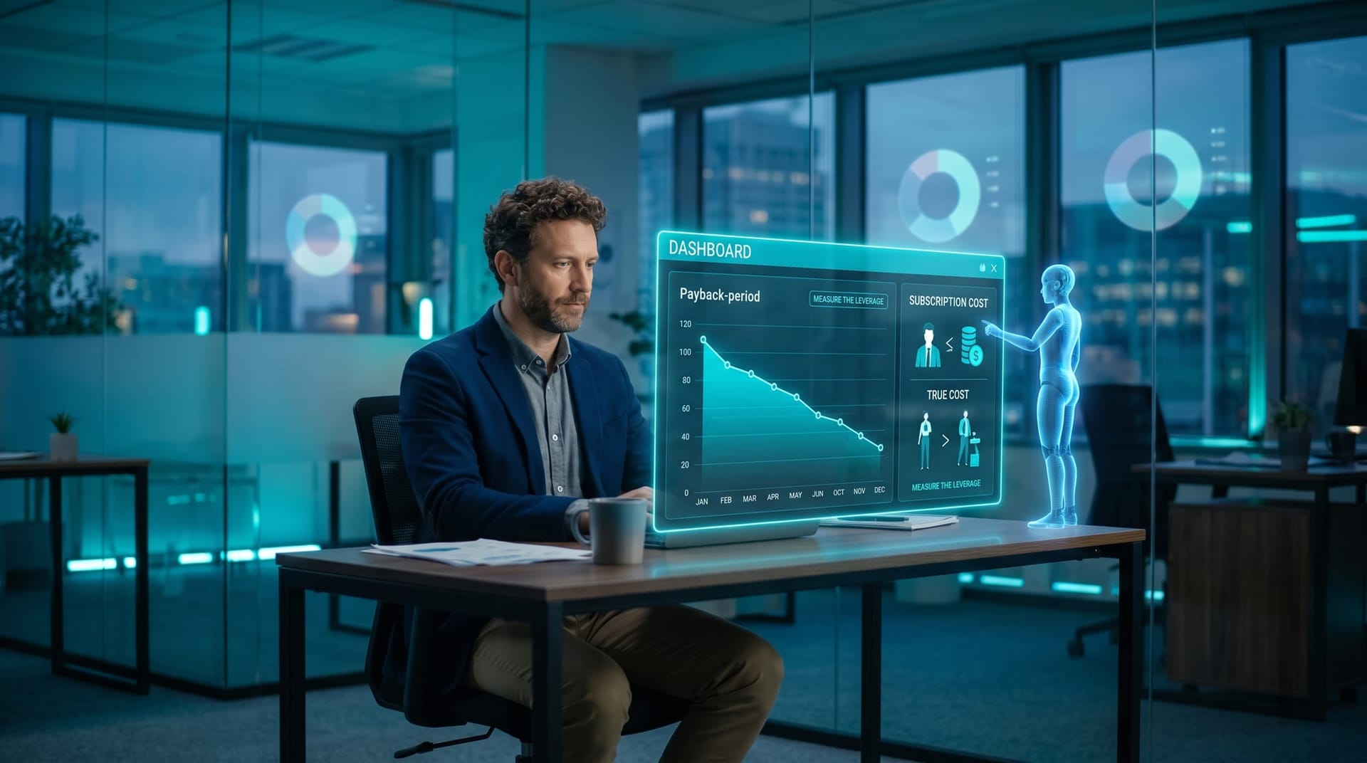 An owner reviewing a glowing ROI and cost dashboard for an AI Employee with payback months and true-cost lines, weighing honest leverage against subscription expense
