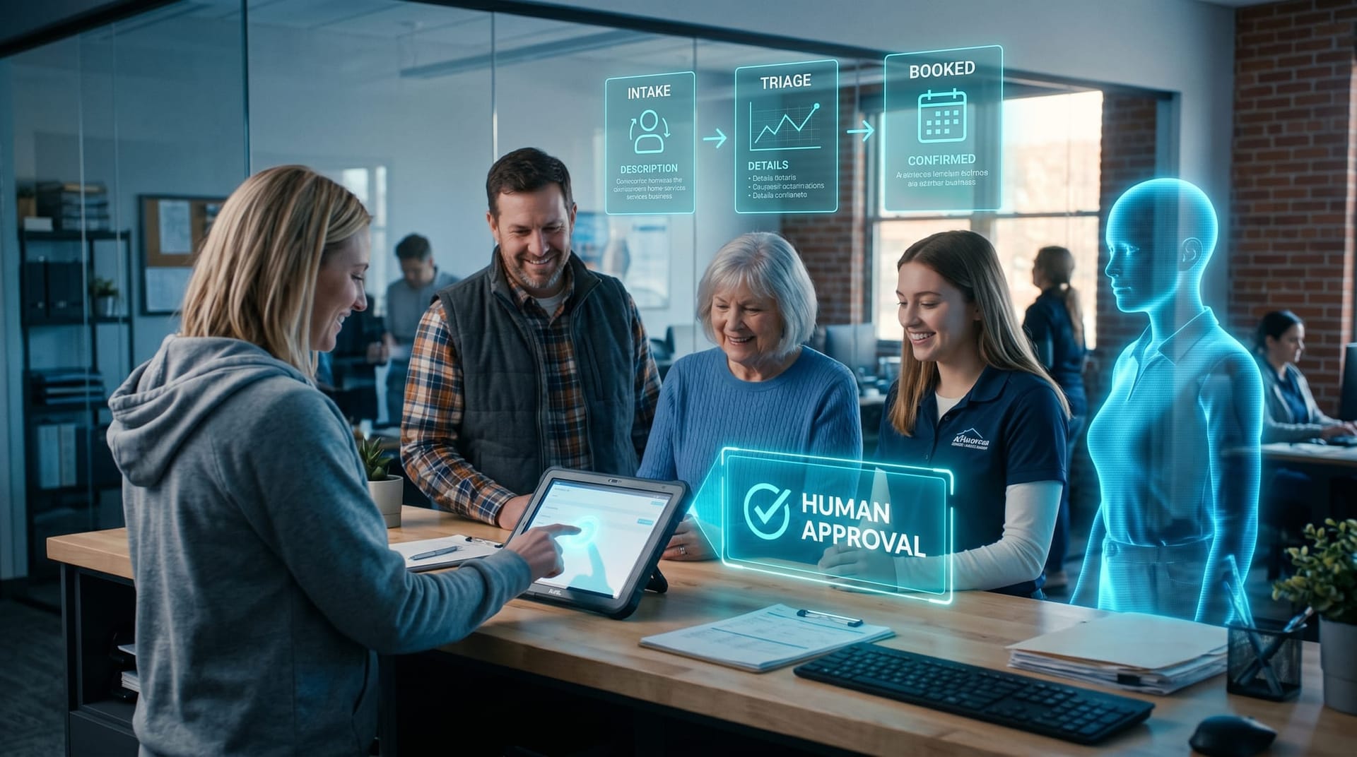 A Northeast Indiana home-services team approves an AI Employee booking a job from intake to schedule on floating cyan panels with a human approval checkpoint glowing