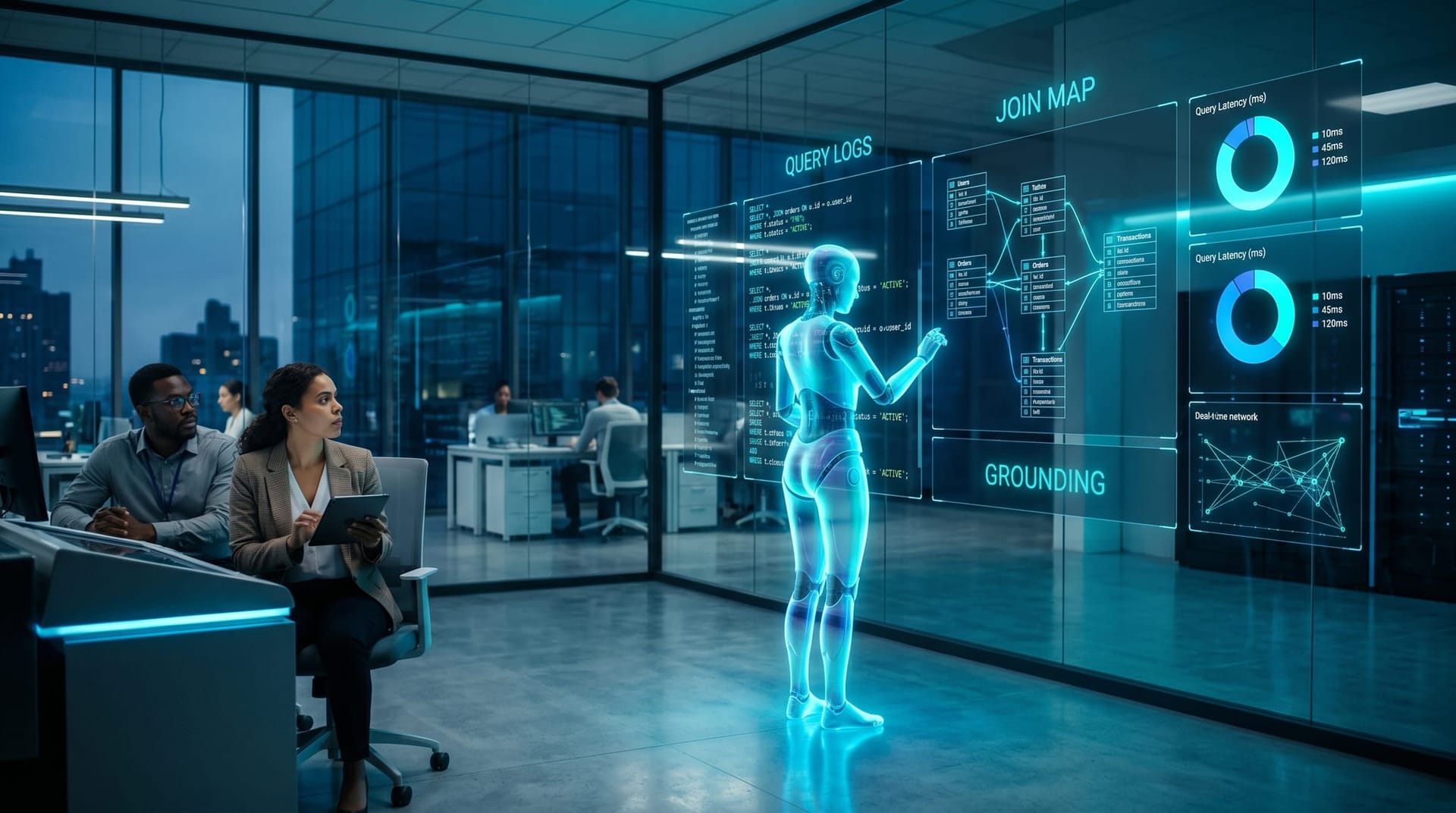 Translucent cyan holographic AI employee studying floating SQL query log panels and glowing table-join diagrams in a glass-walled data operations office