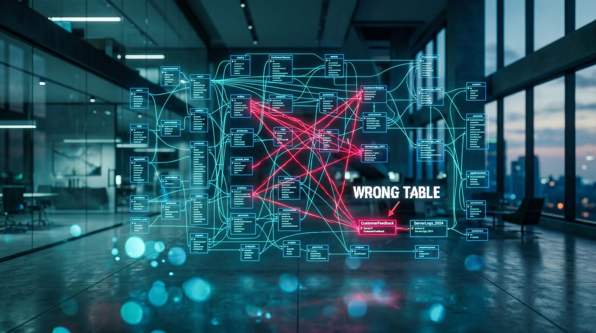 Floating holographic schema of hundreds of database tables with tangled red error lines where an AI agent guessed wrong joins, cool blue office backdrop