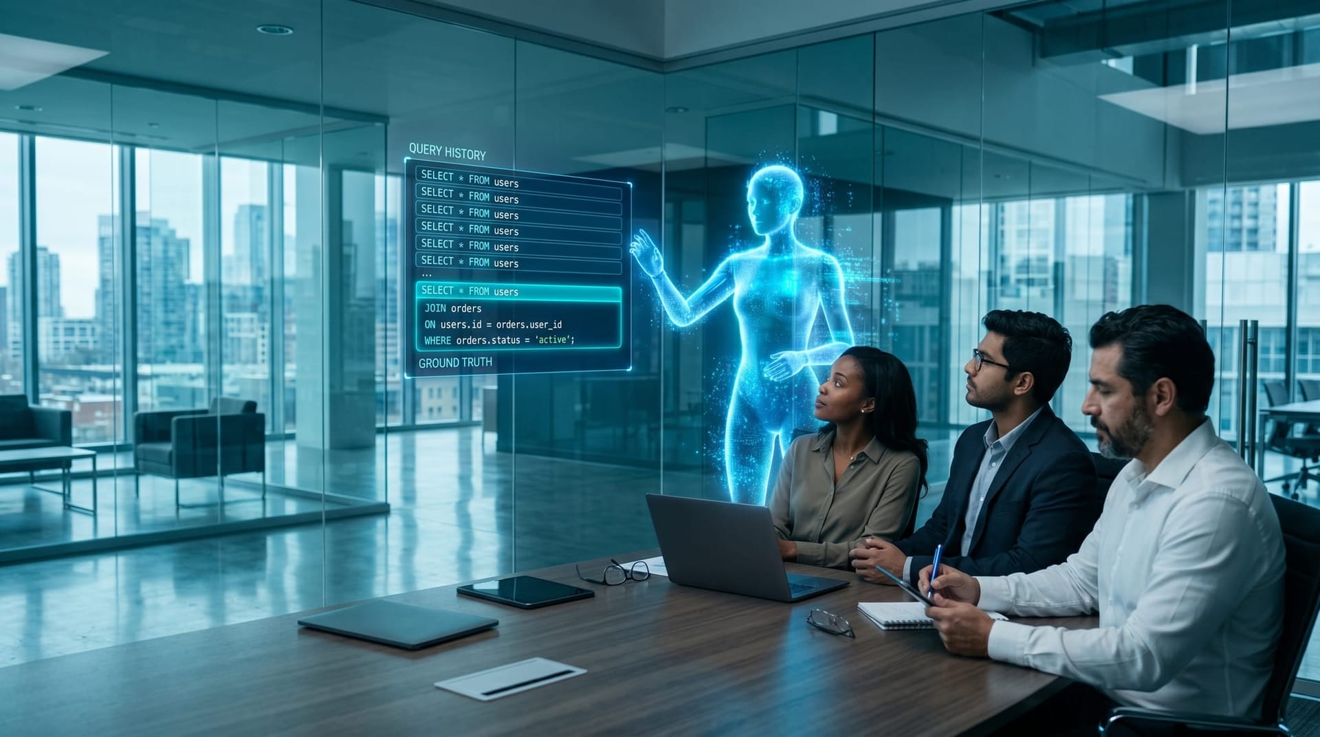 Cyan holographic AI employee pointing at a floating panel of parsed SQL query log rows highlighting join keys, with a diverse team at a conference table
