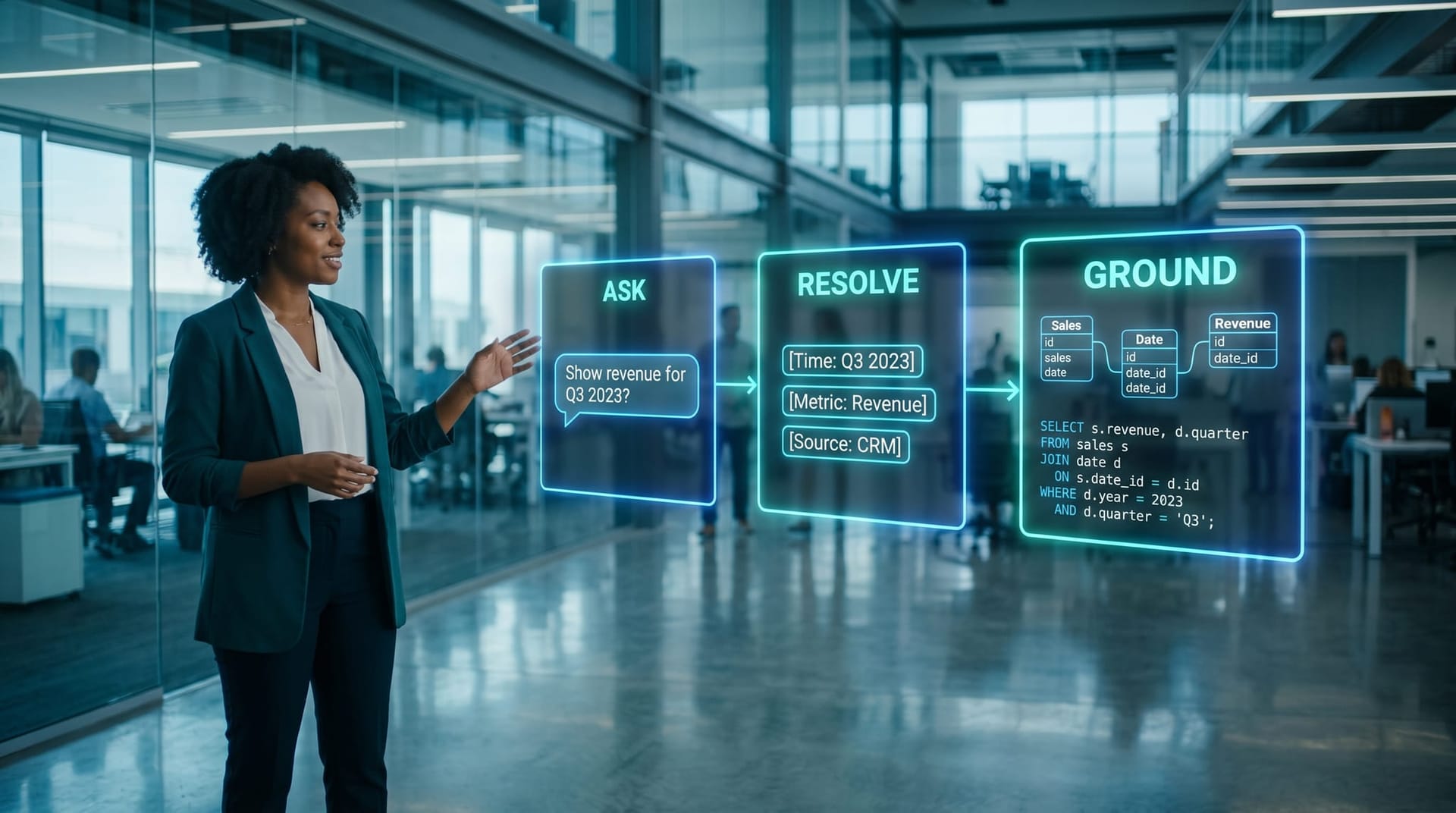 Floating holographic flow diagram showing a natural-language question resolving into entities then a validated SQL join pattern, cool blue data office