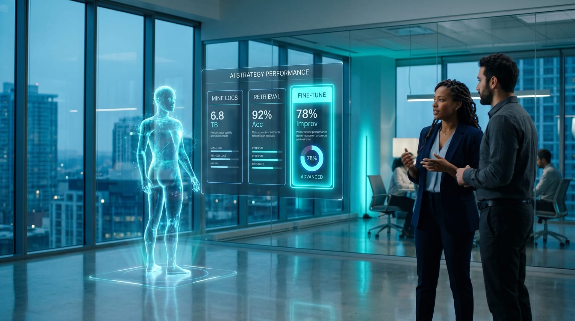 Translucent cyan AI employee beside a holographic comparison board weighing query-log mining against fine-tuning and retrieval, diverse colleagues nearby