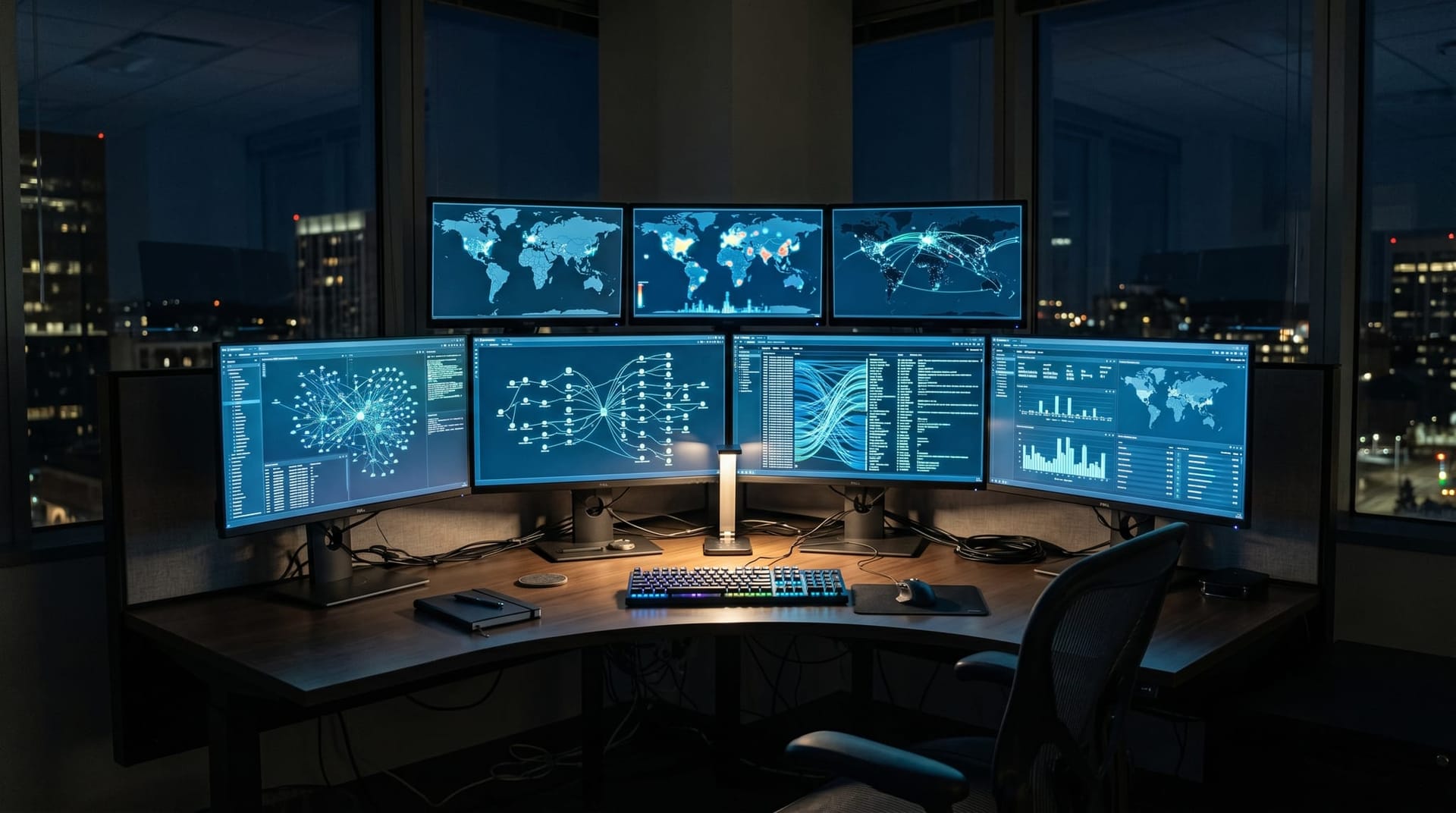 Dimly lit security operations workspace with multiple monitors showing abstract agent activity graphs and log streams, representing stage-three AI agent threats that emerge after an AI agent is in production.