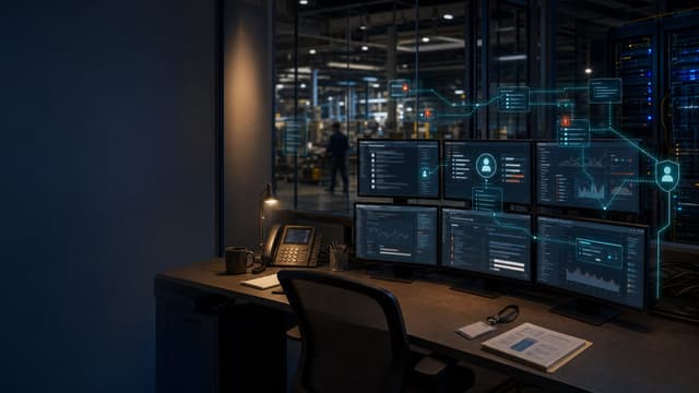 Dimly lit security operations workspace with multiple monitors showing abstract agent activity graphs and log streams, representing stage-three AI agent threats that emerge after an AI agent is in production.