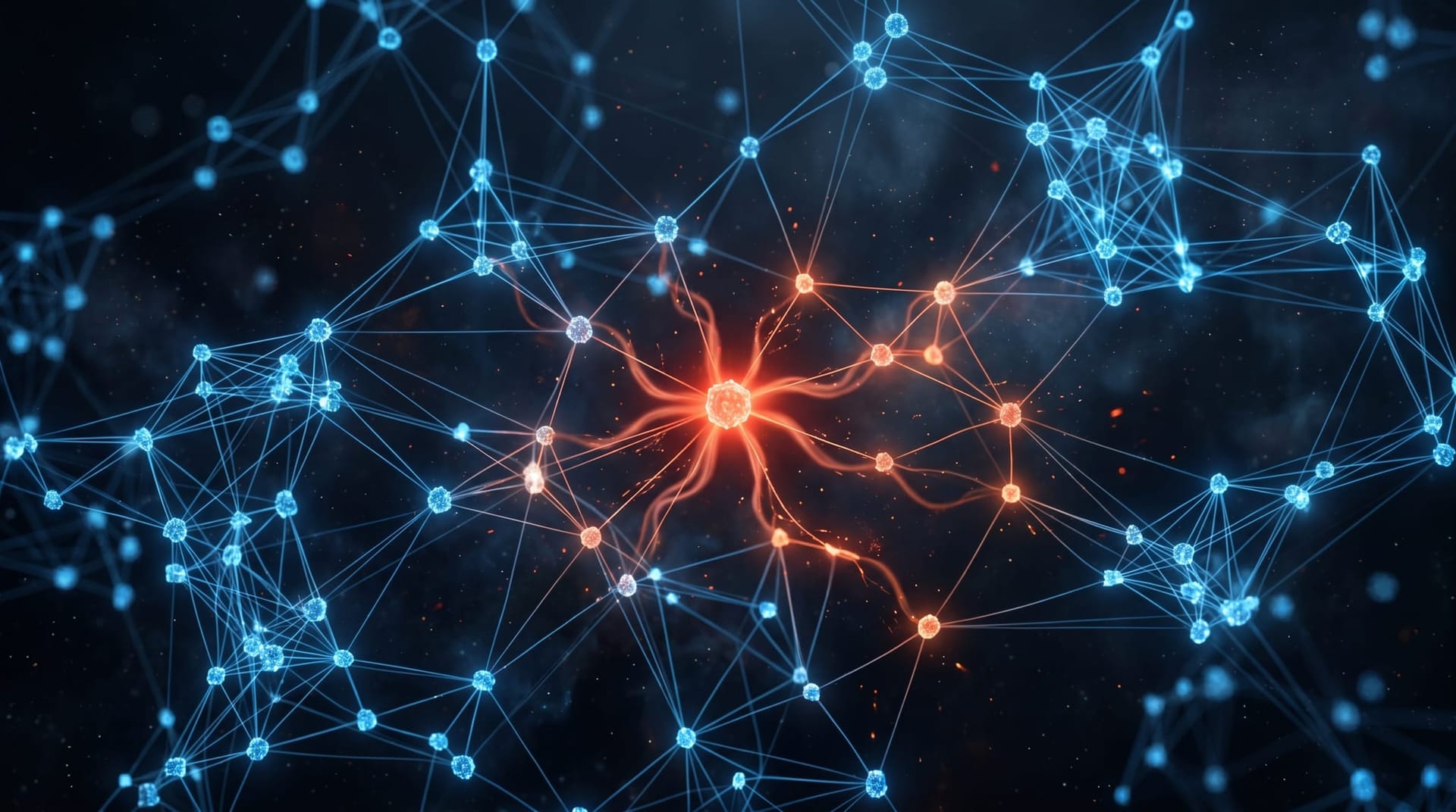 Abstract digital illustration of interconnected node chains with one node glowing red and the infection spreading along connections, representing agent-to-agent contamination and prompt injection in stage-three attacks.