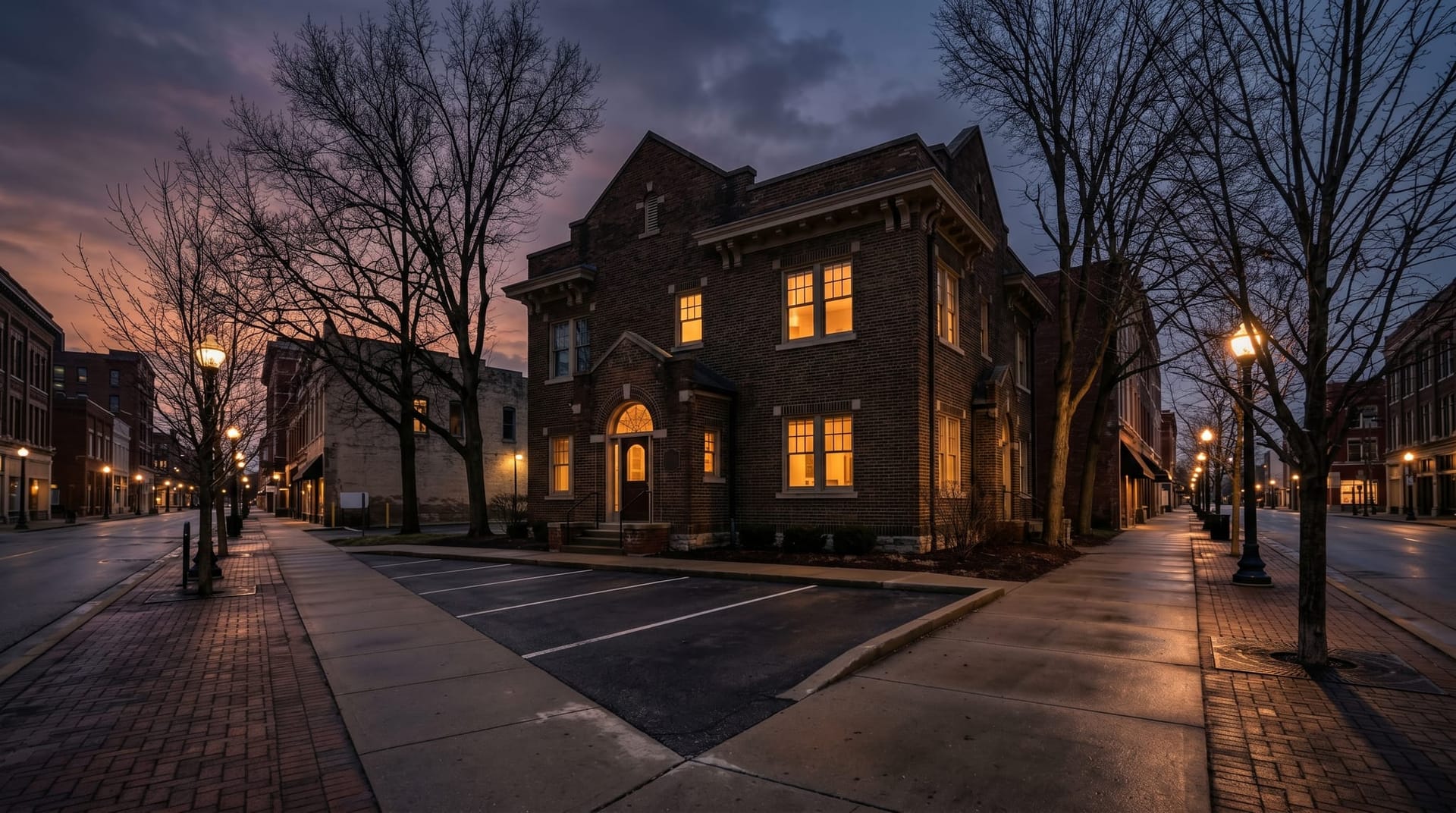 Dusk photograph of a small professional office building in downtown Fort Wayne with warm interior lights on and an empty parking lot, representing a Northeast Indiana business exposed to stage-three AI agent threats after hours.