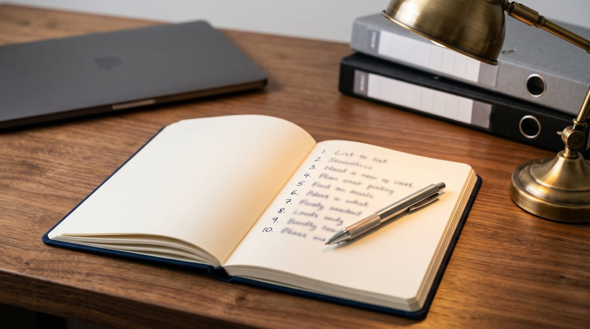 Clean tidy desk with an open planning notebook showing a blurred numbered list of defensive steps, a pen, and a small desk lamp, representing the ten-step stage-three defensive playbook for businesses.